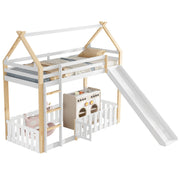Logidon stapelbed met dakvorm en glijbaan 90x200 cm wit naturel