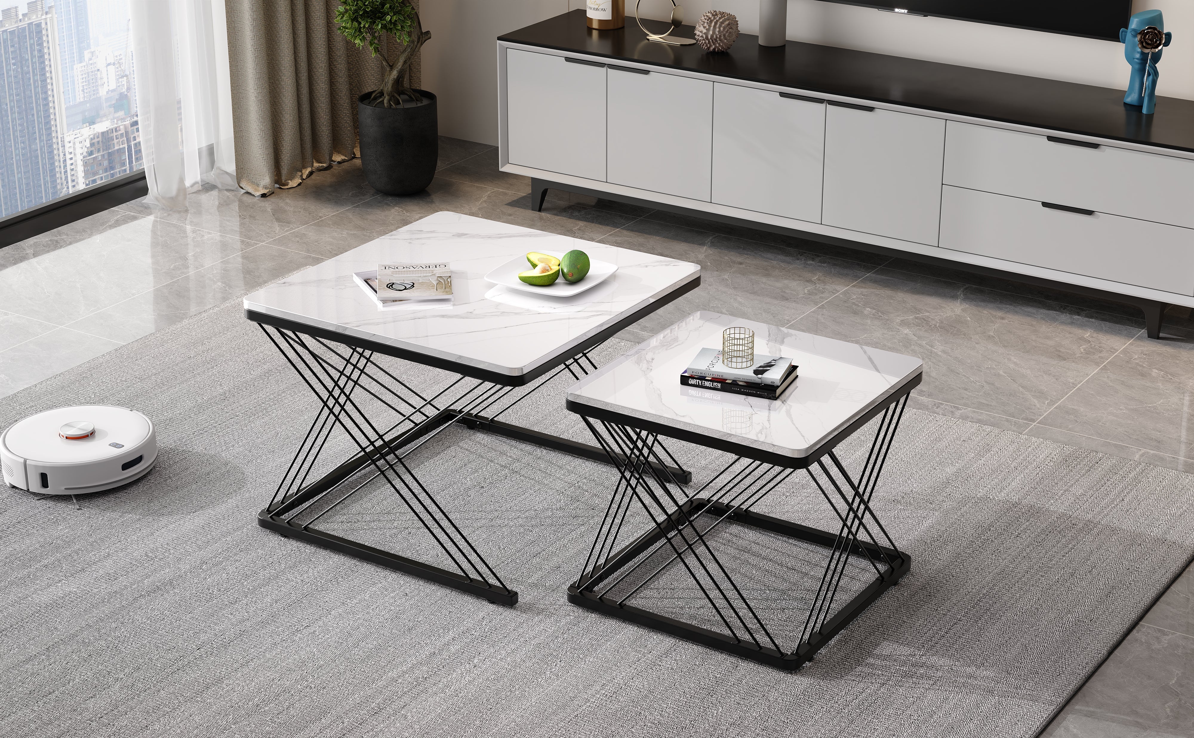 Logidon Stijlvolle 2-delige salontafelset hoogglans marmerlook 60x60 cm