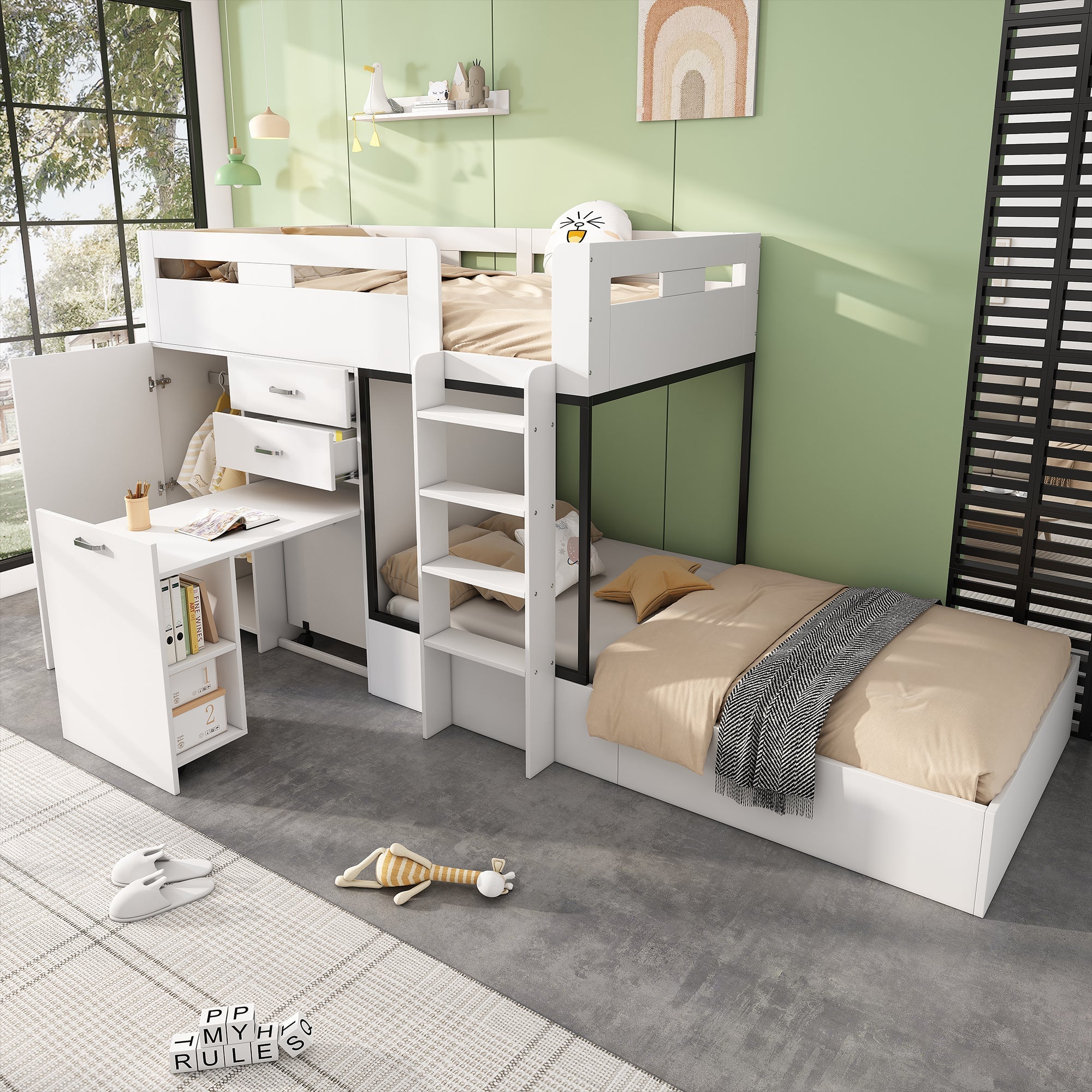 Logidon stapelbed met uitschuifbaar bureau en kledingkast wit 90x200