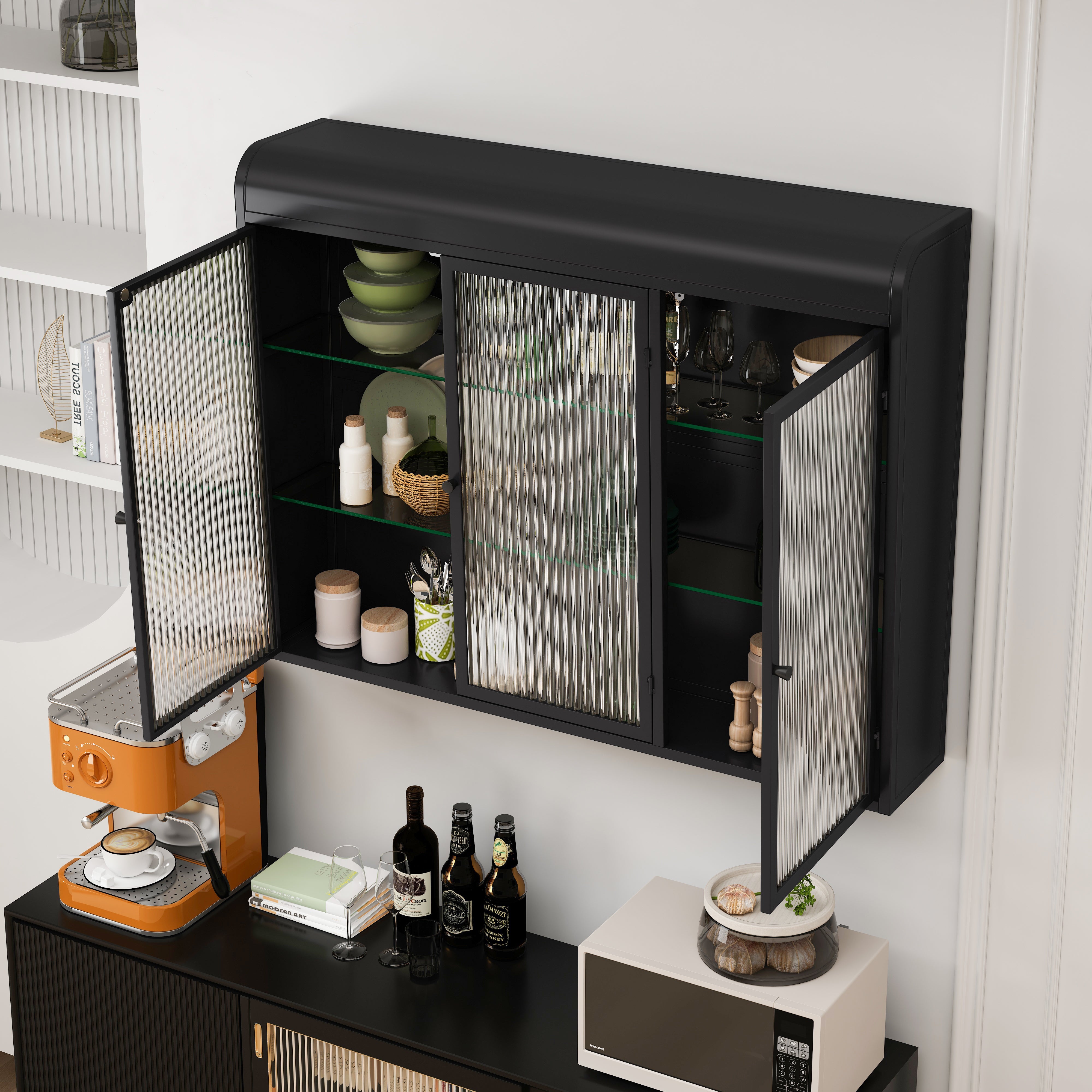 Logidon Driedeurs Glazen Wandvitrinekast Zwart Gebogen Deuren 90 cm
