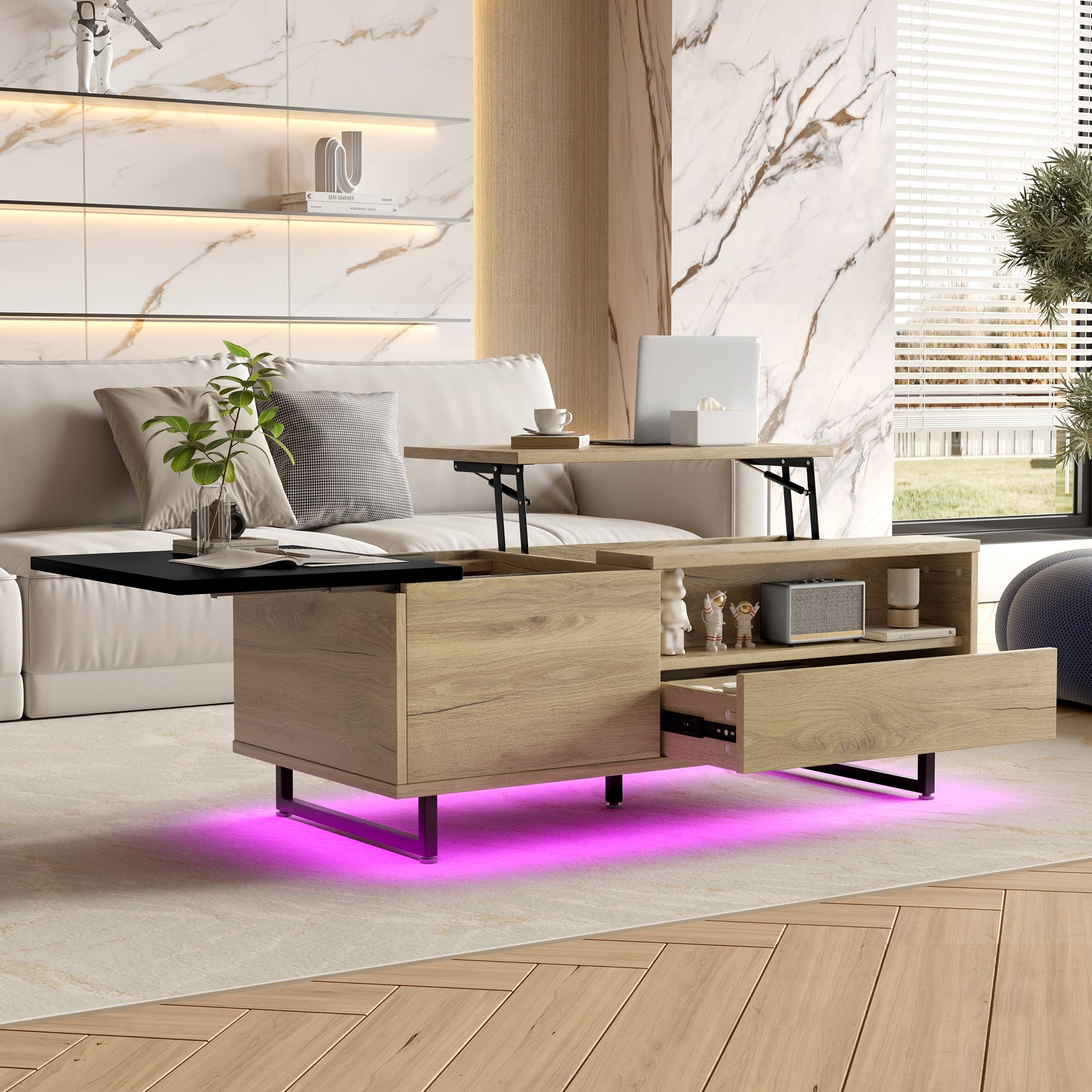 Logidon In hoogte verstelbare salontafel met LED-verlichting en opbergruimte