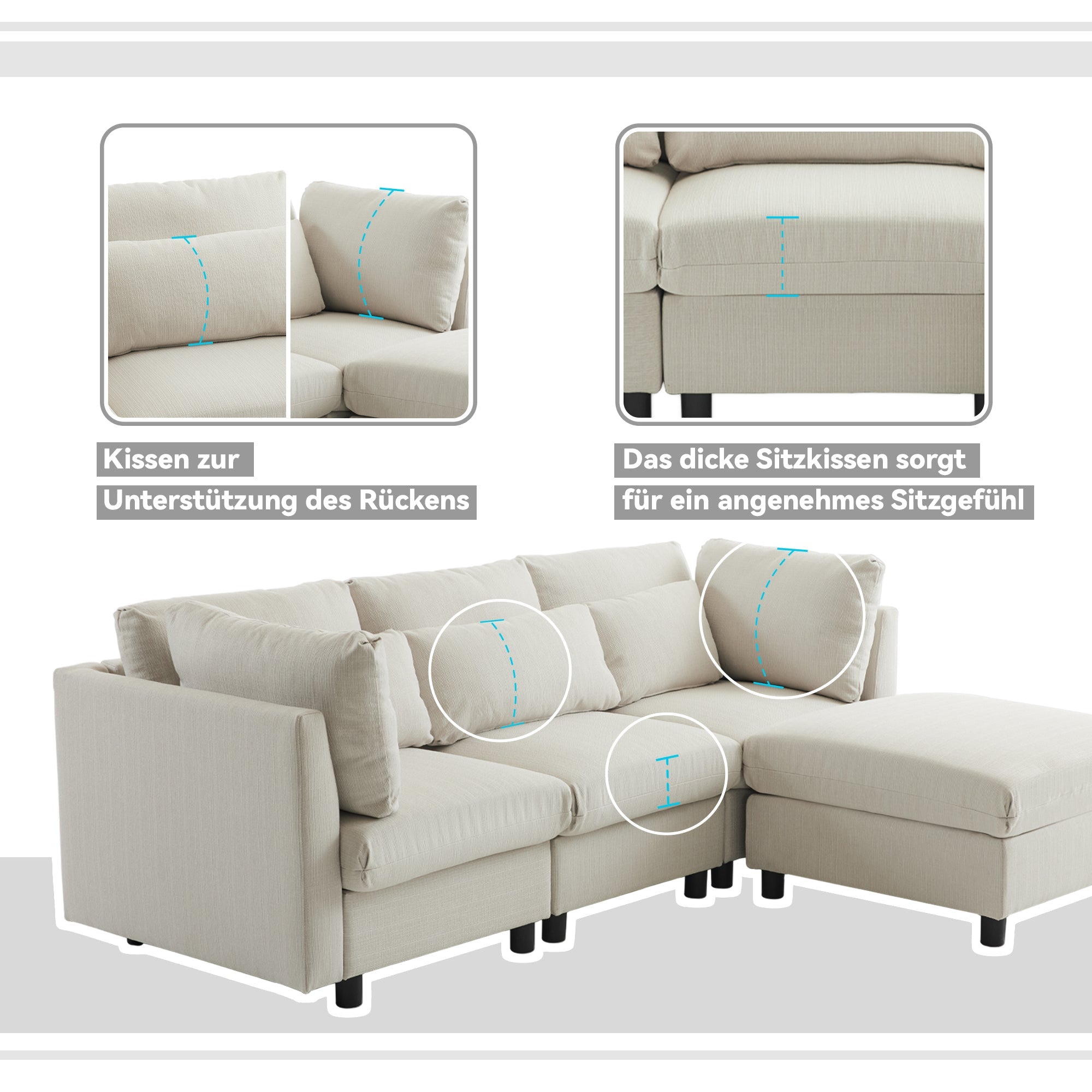 Logidon hoekbank beige stof moderne driezitsbank met voetenbank