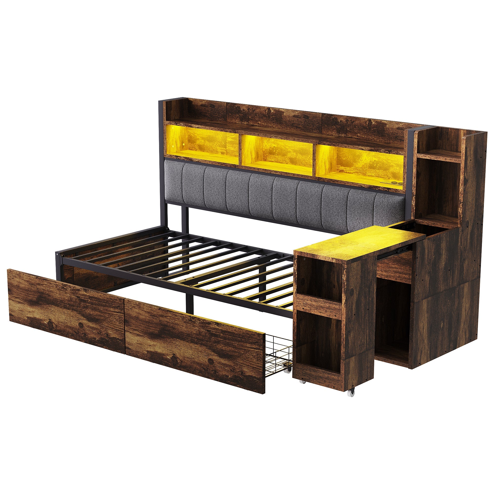 Logidon ijzeren slaapbank 90 x 200 cm houtlook opbergruimte LED