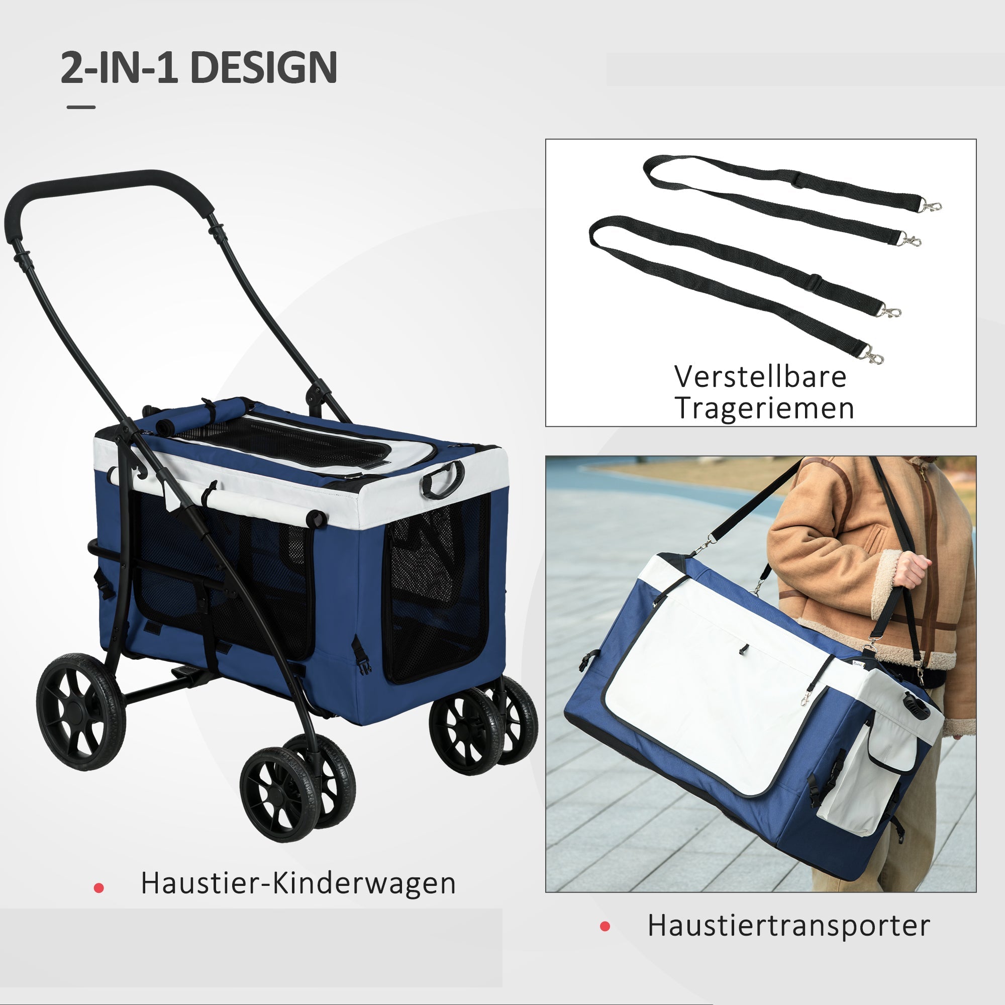 Logidon 2 in 1 hondenbuggy blauw afneembare mand met veiligheidslijnen