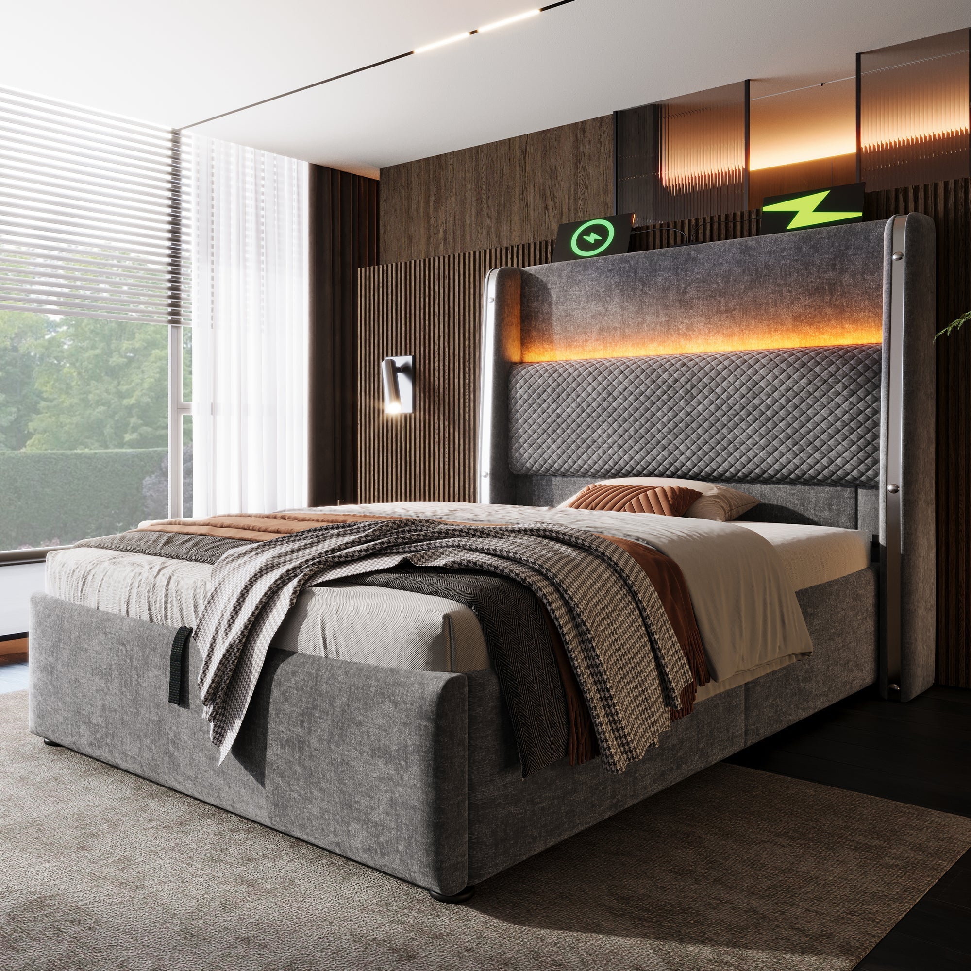 Logidon hydraulisch bed 90x200 grijs linnenlook met opbergruimte LED