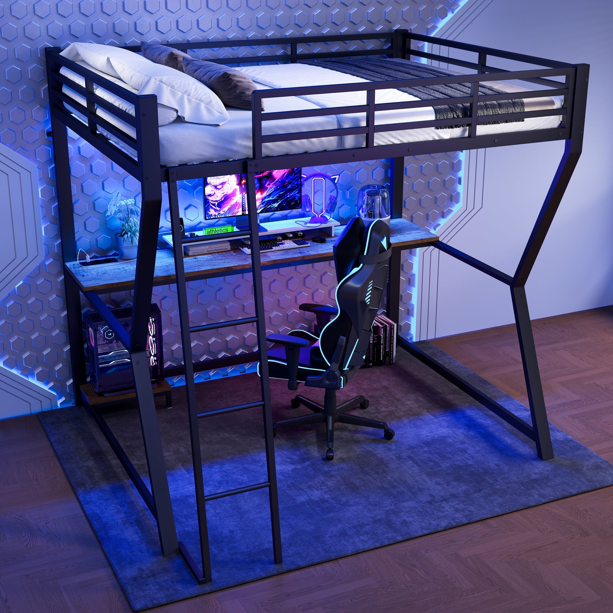 Logidon loft bed 140x200 cm with LED lighting and desk