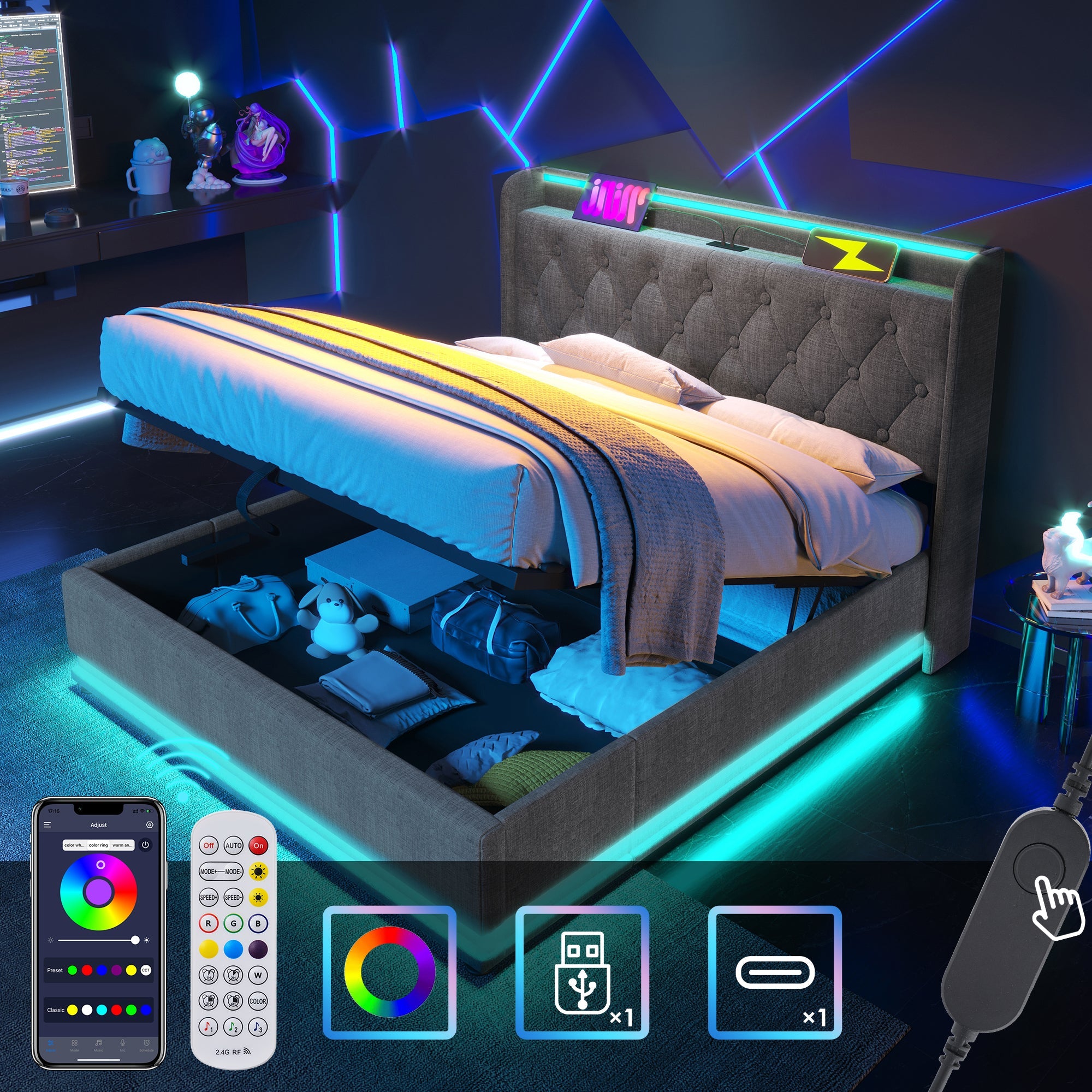 Logidon gestoffeerd bed tweepersoonsbed 180x200 cm grijs linnen LED-verlichting USB C