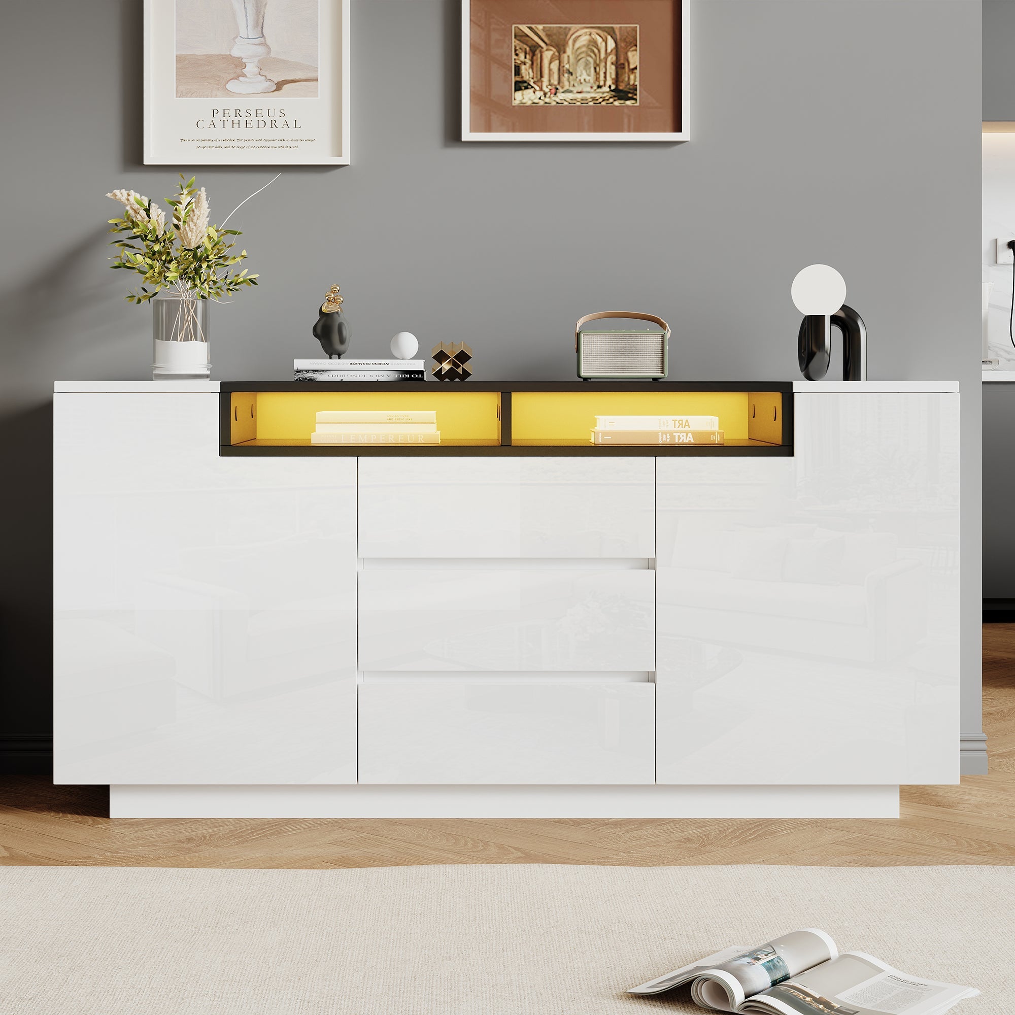 Logidon wit hoogglans dressoir 140 cm met LED, 2 deuren, 3 lades