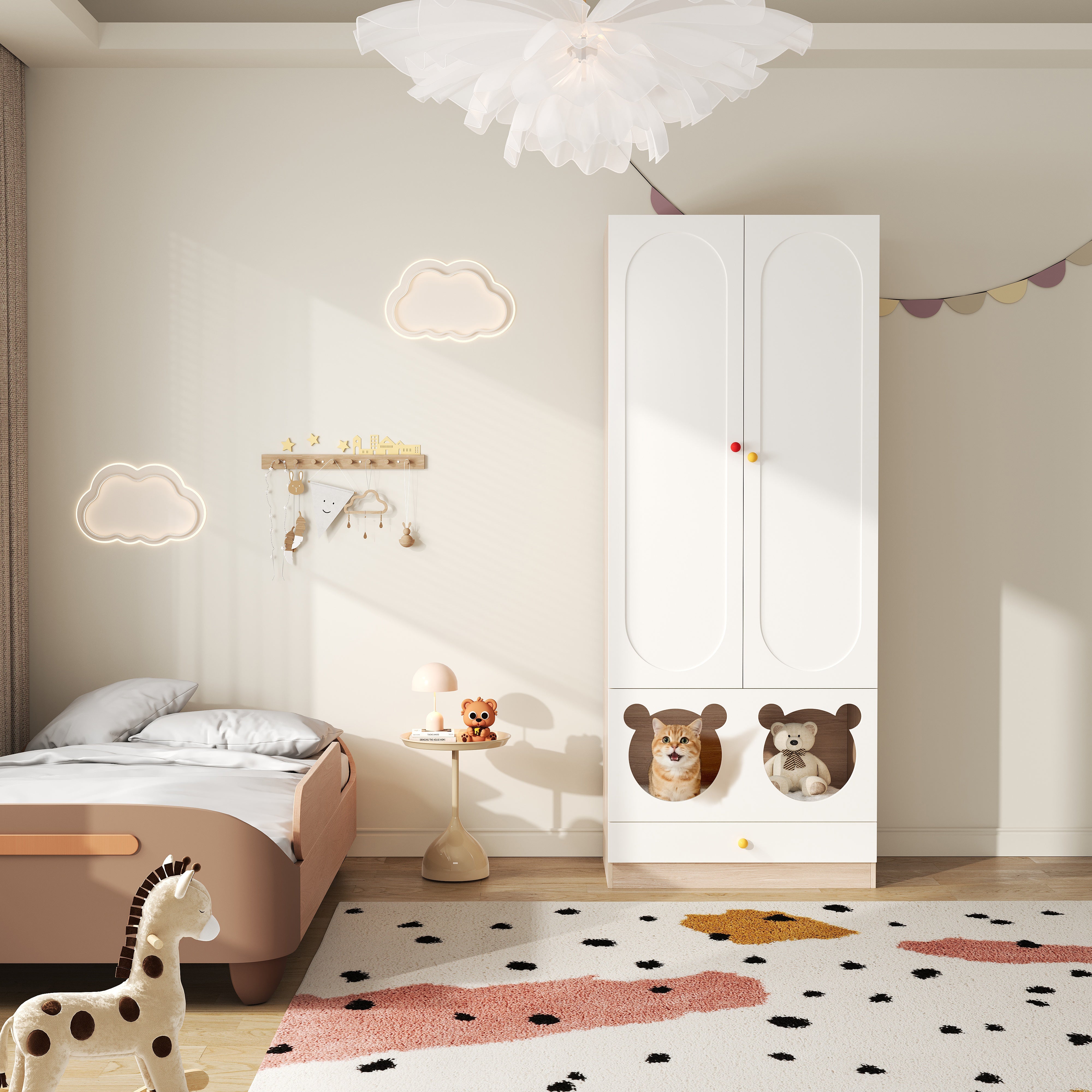 Logidon kinderkledingkast wit naturel hout met kattenmand 80x50x200cm