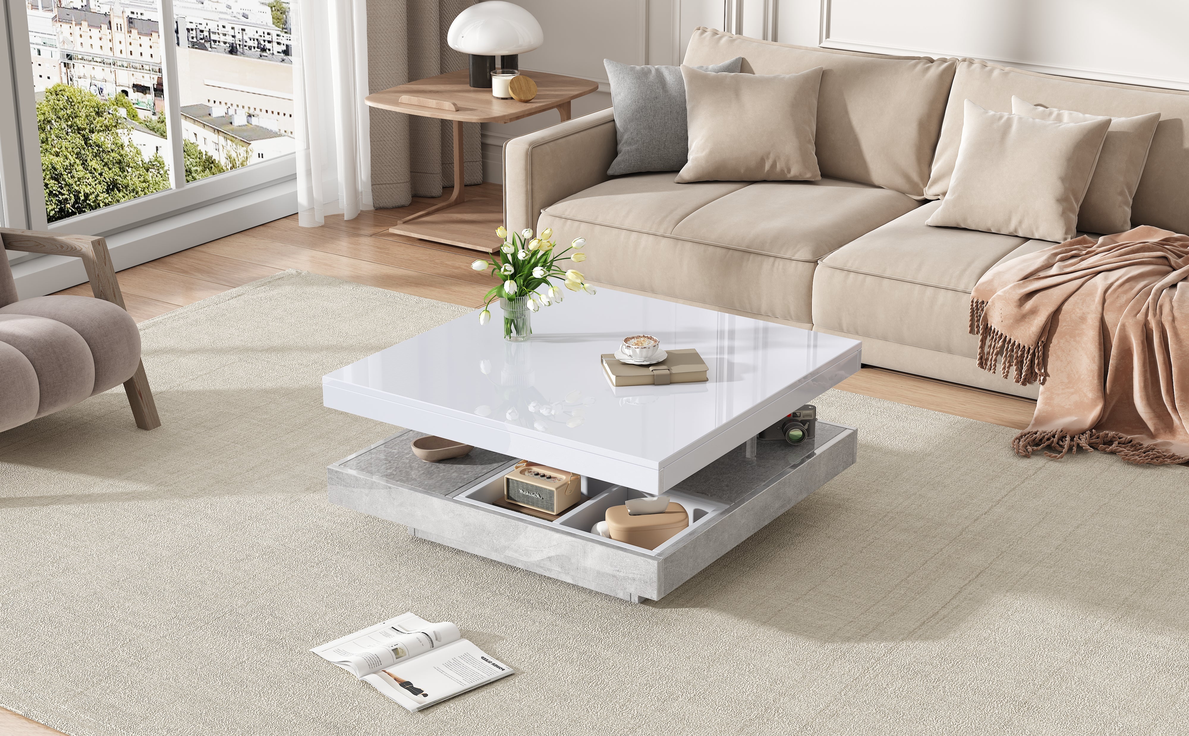 Logidon 360 graden draaibare salontafel 70x70x36 cm wit hoogglans