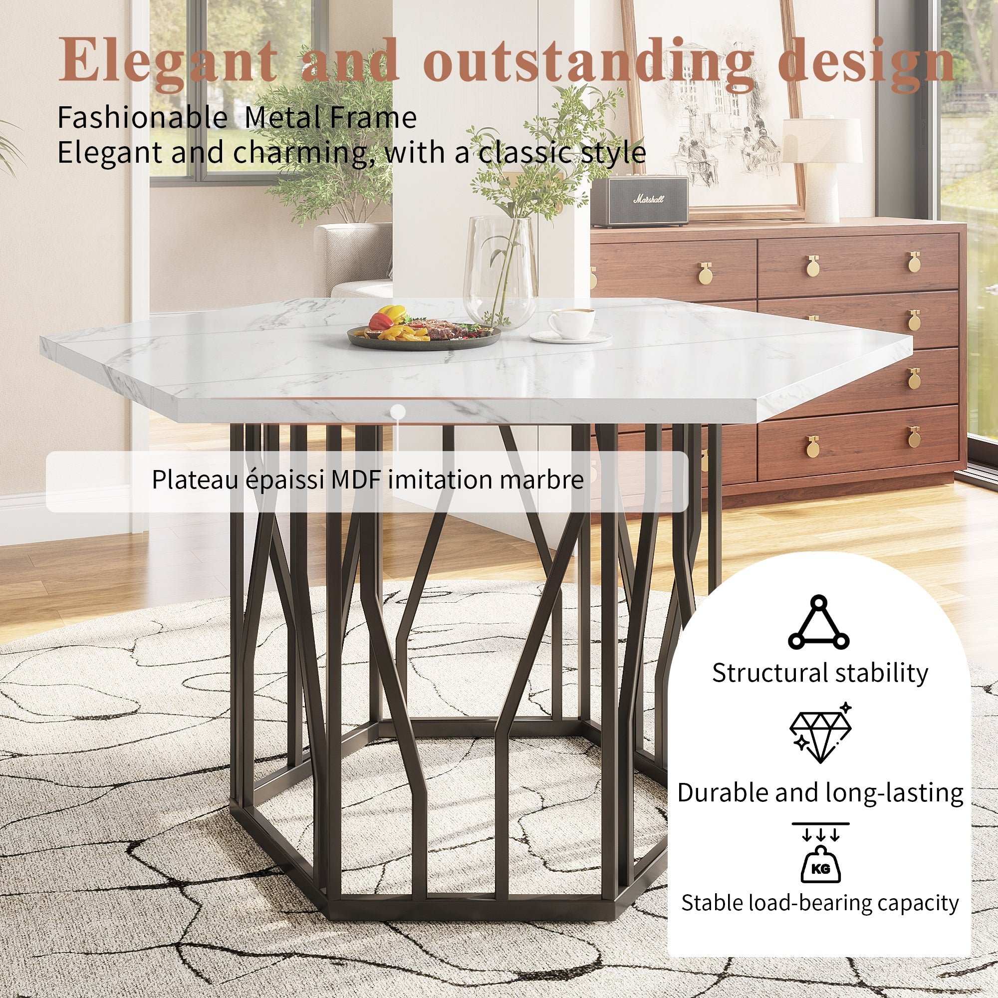 Logidon moderne zeshoekige marmeren tafel, 115,5 x 100 cm, zwart frame