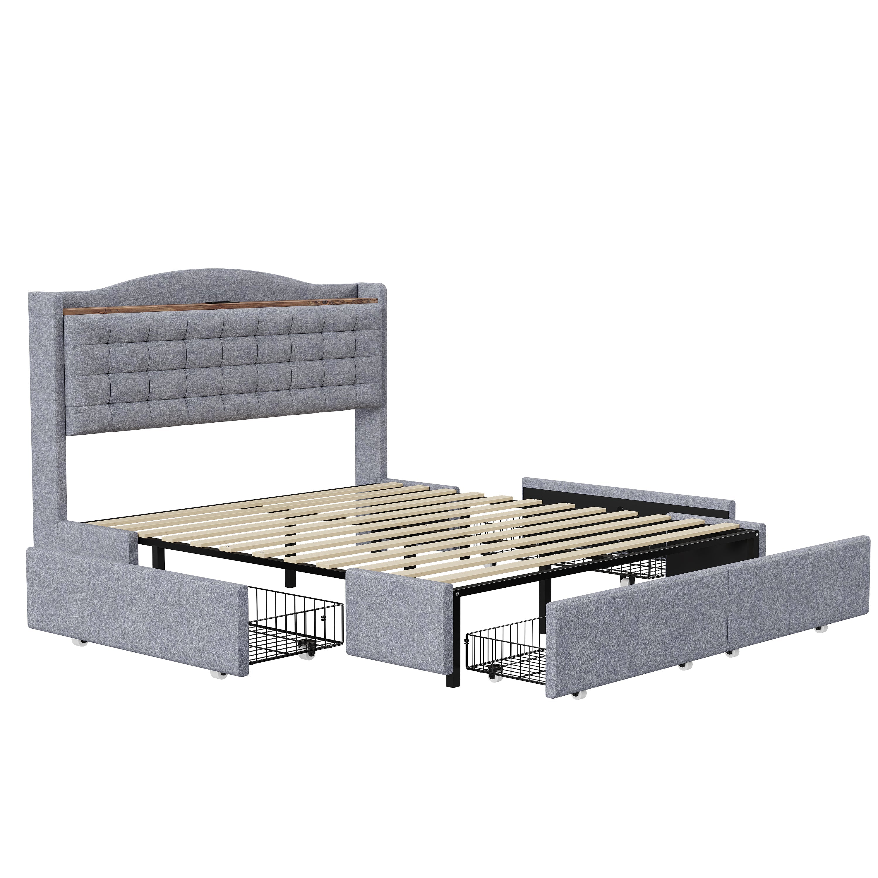 Logidon gestoffeerd bed 140x200 grijs linnen met USB-oplaadpoort