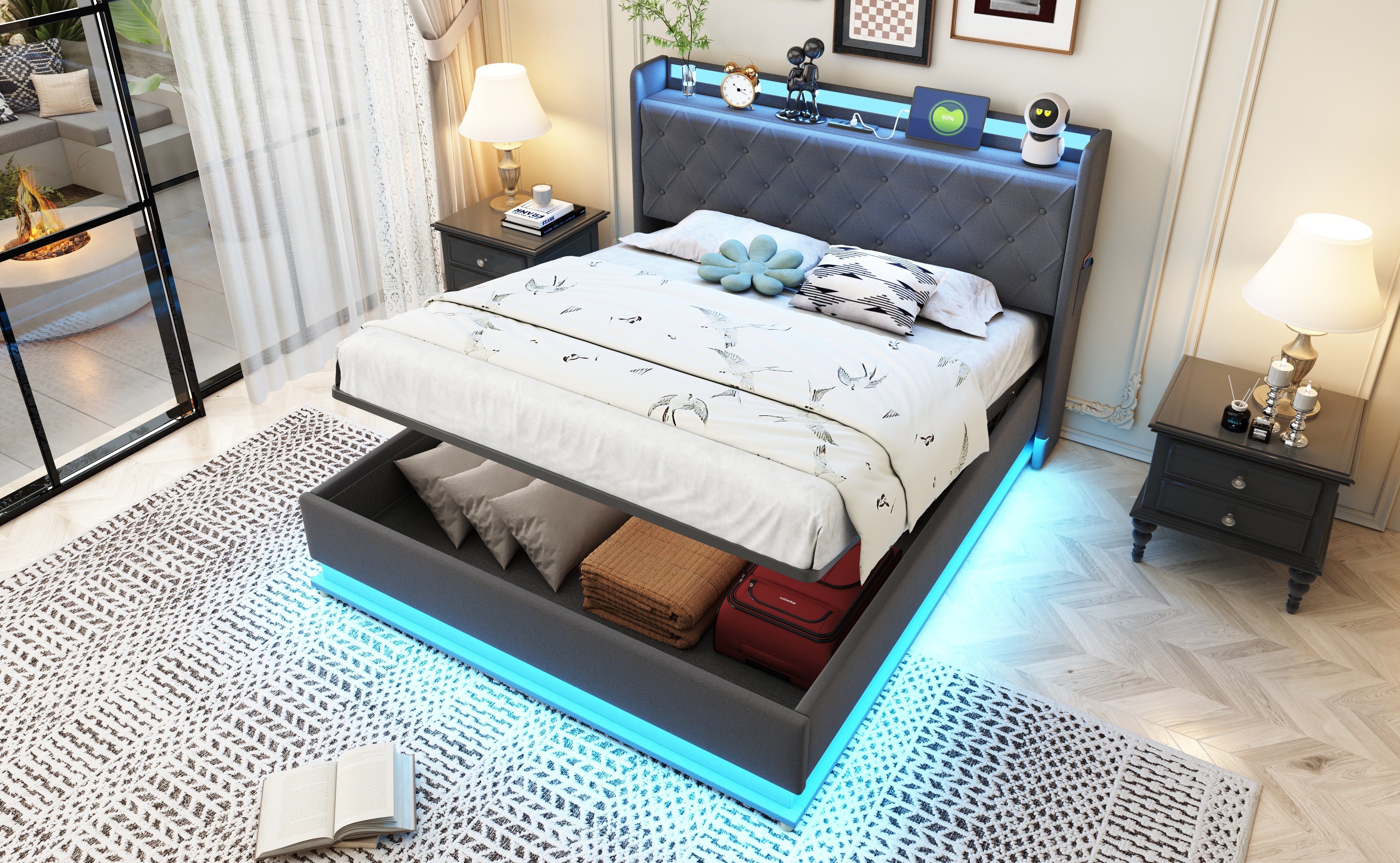 Logidon LED gestoffeerd bed 140x200 grijs met USB-oplaadpoort opbergruimte