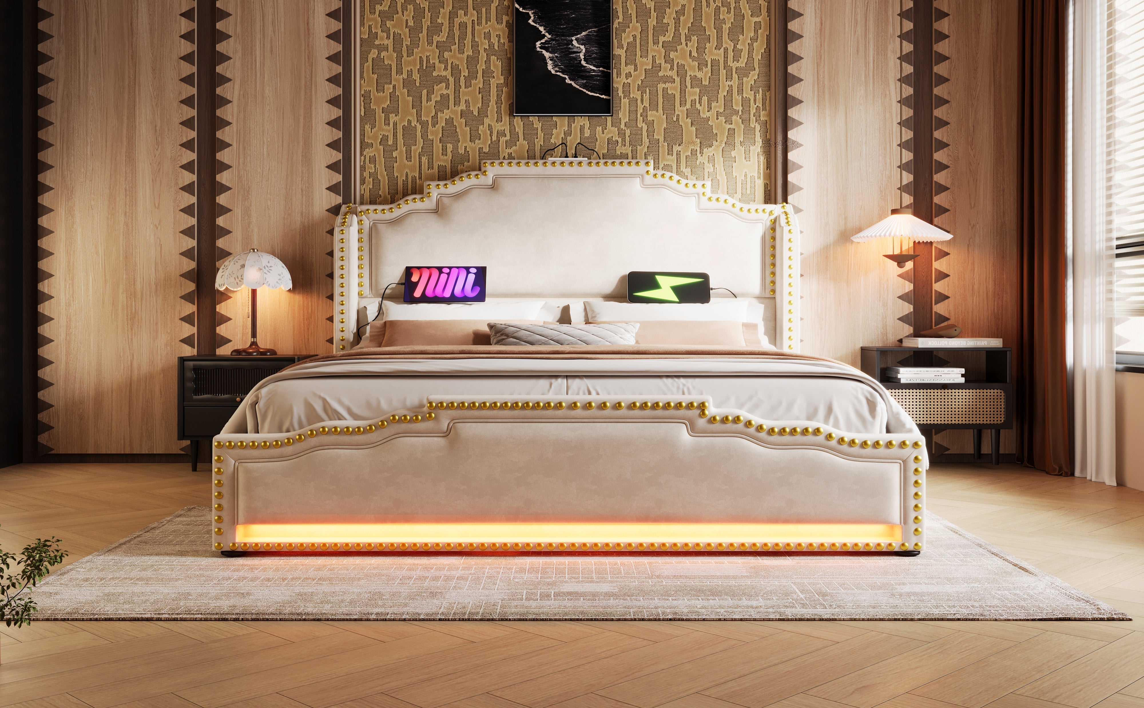 Logidon gestoffeerd bed 160x200 beige fluweel met 4 lades LED USB C