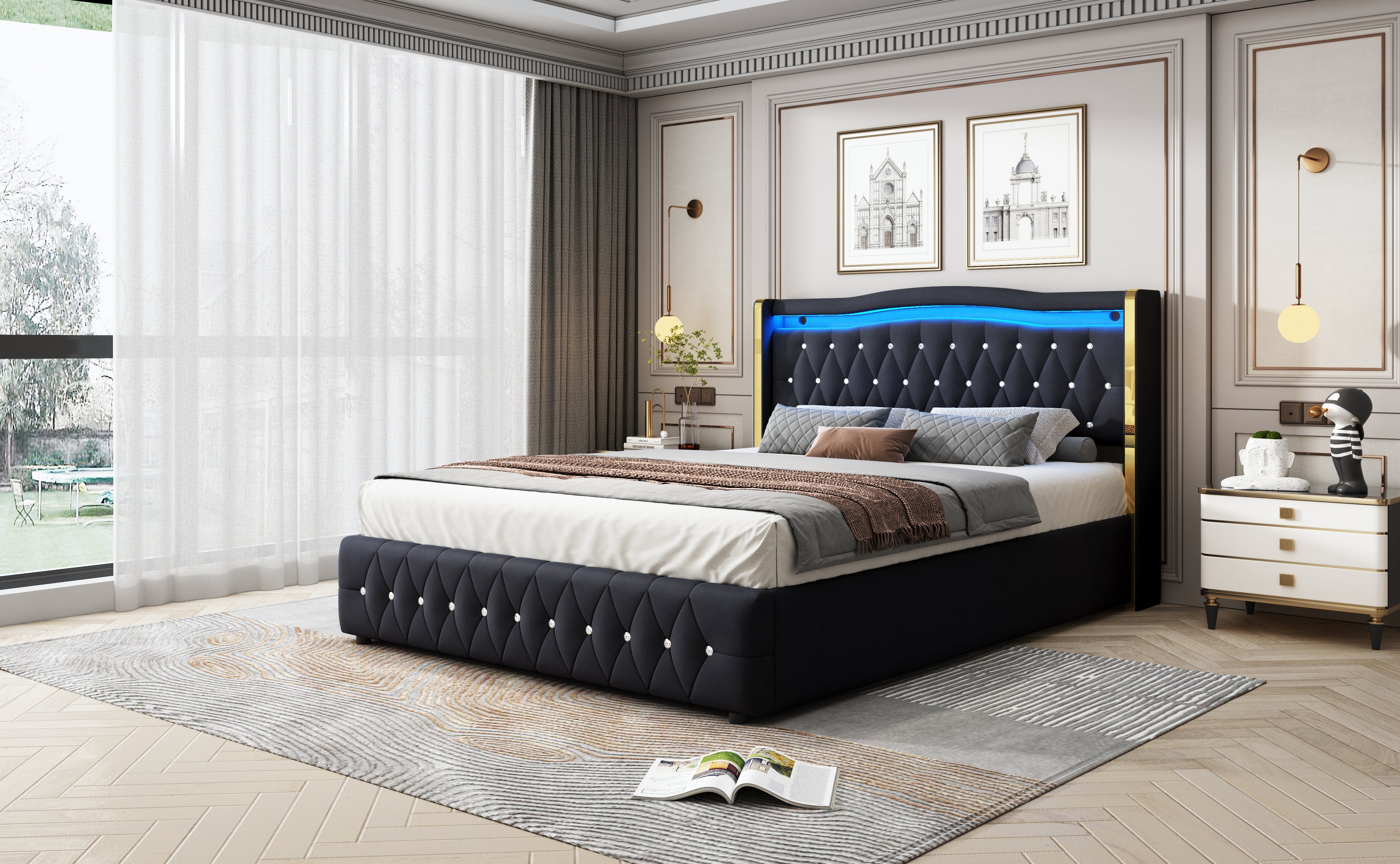 Logidon gestoffeerd bed 160x200 zwart fluweel stof met LED verlichting