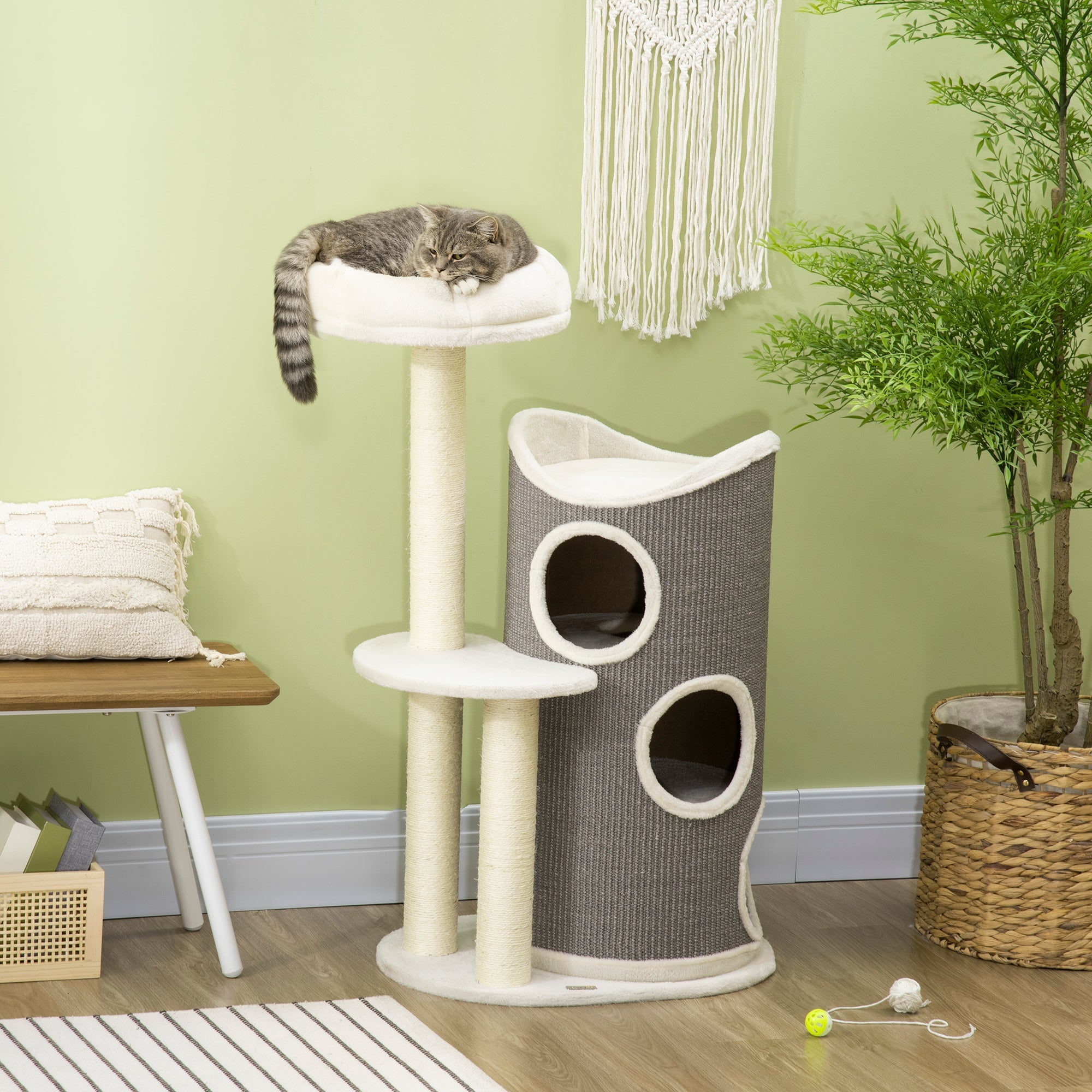 Logidon Krabpaal 109 cm Wit Grijs met Krabton en Kattenmand