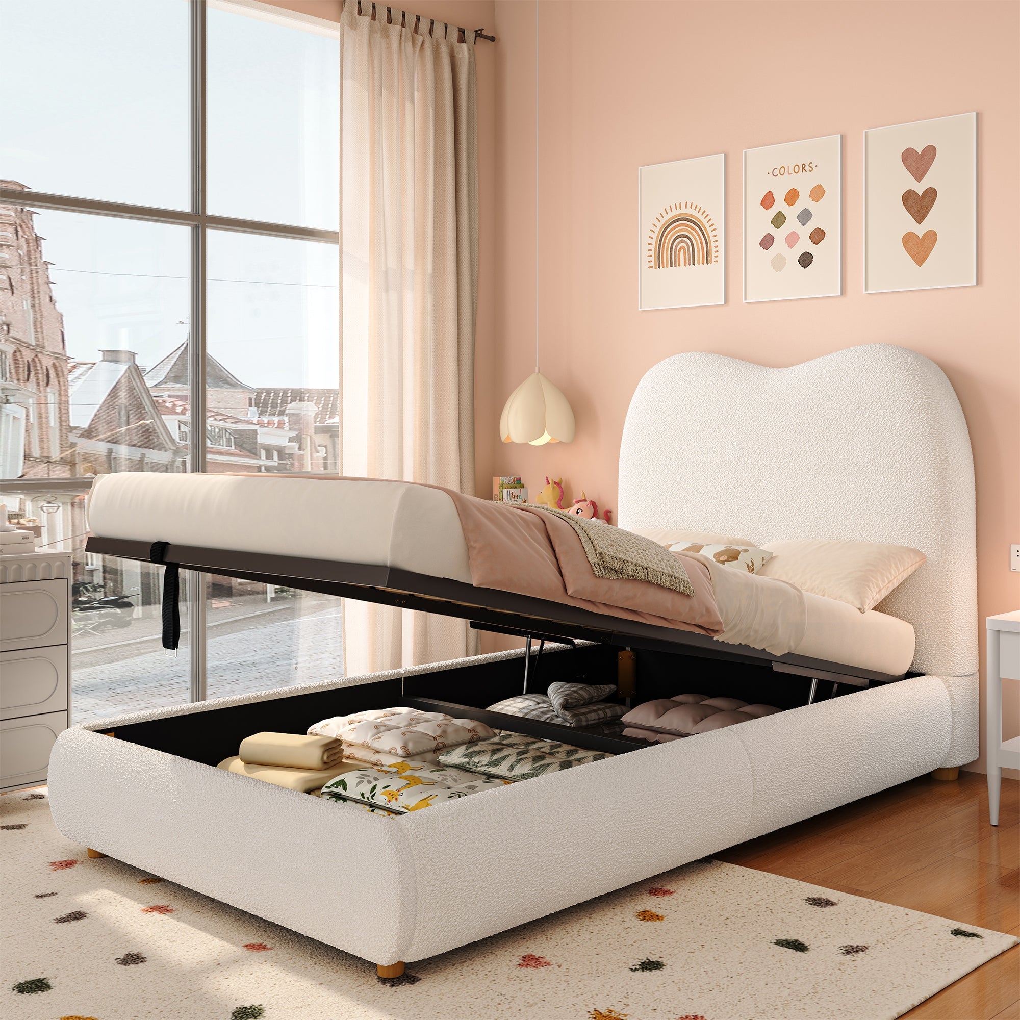 Logidon Hydraulisch Kinderbed 90 x 200 cm met Opbergruimte Beige Bouclé