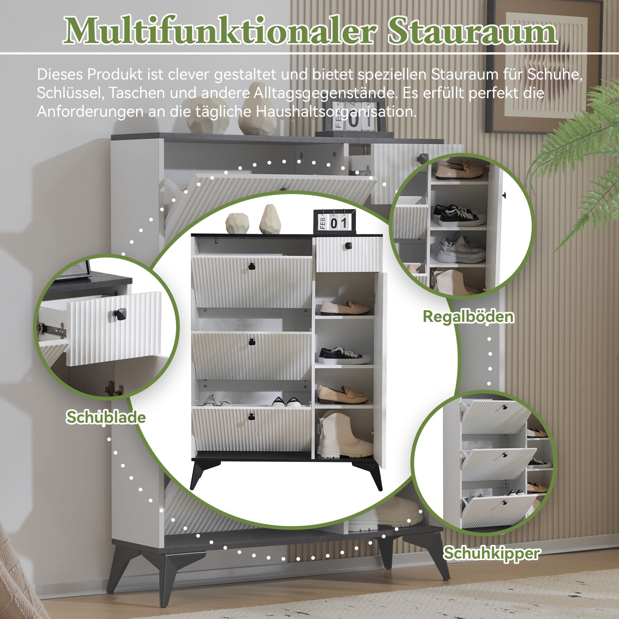Logidon schoenenkast wit zwart H 121 cm 3 kleppen 1 lade 1 deur
