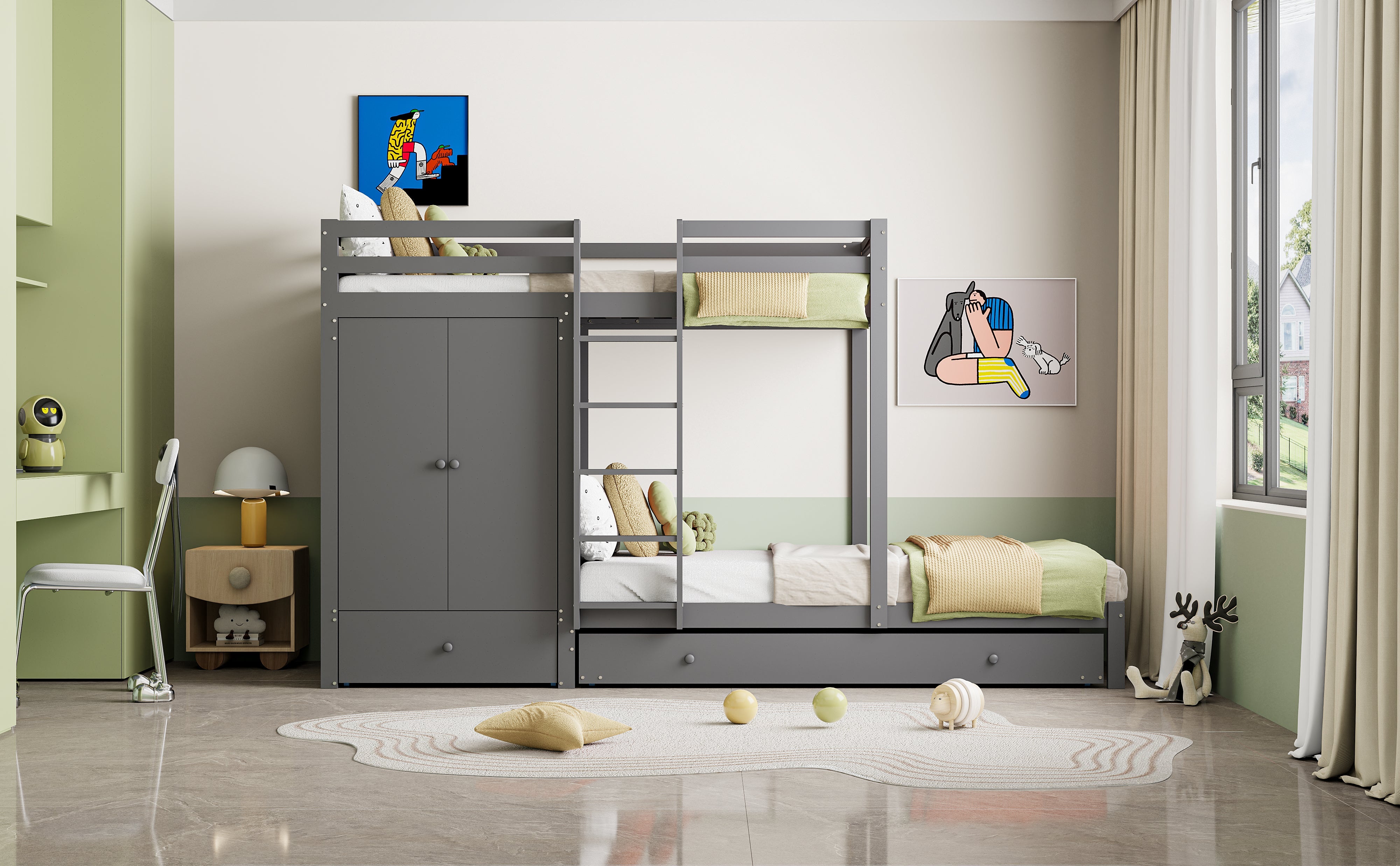 Logidon stapelbed massief hout 90x200 cm grijs met uitschuifbaar bed