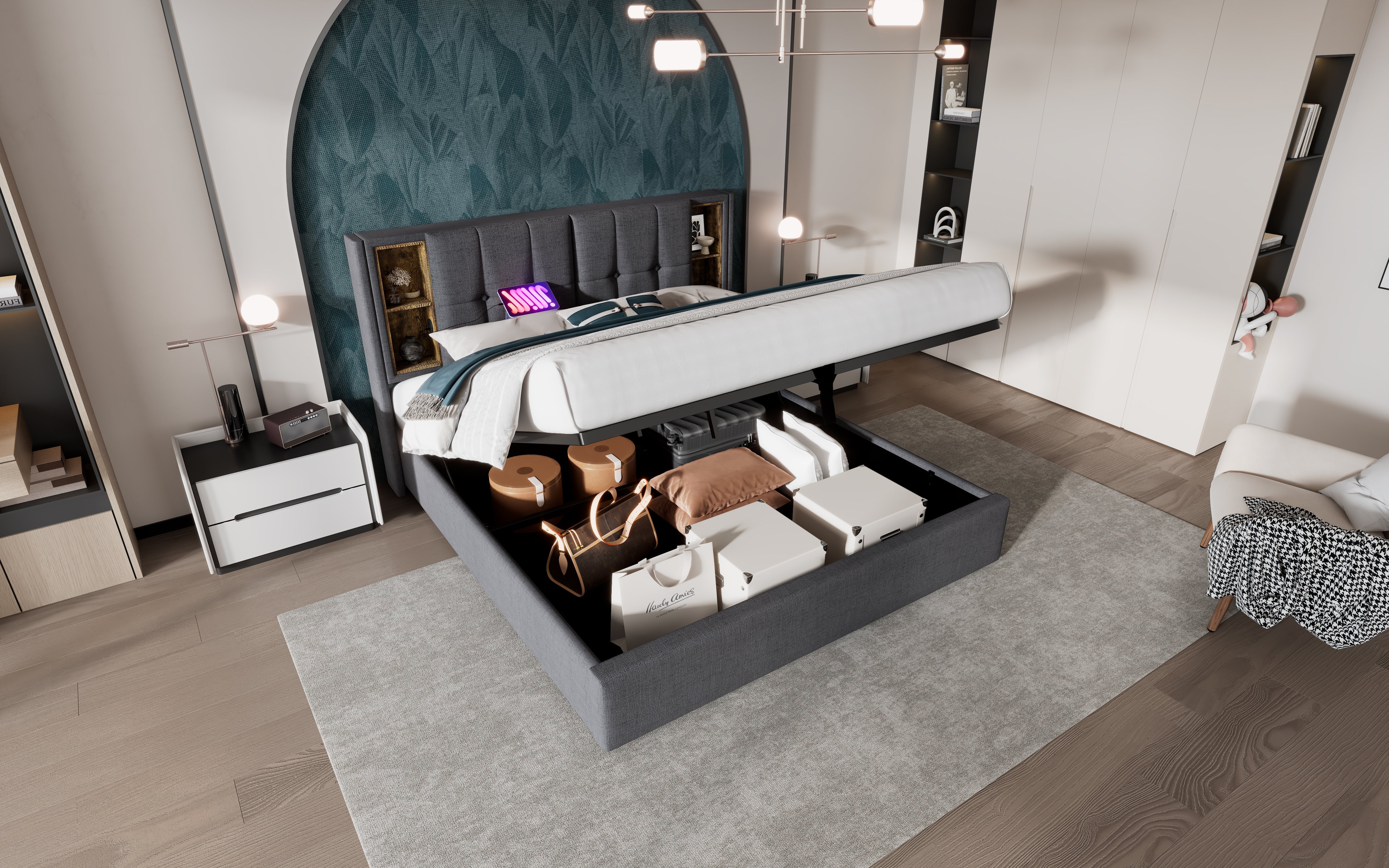 Logidon double bed with wireless charging USB C and storage space 180x200 gray