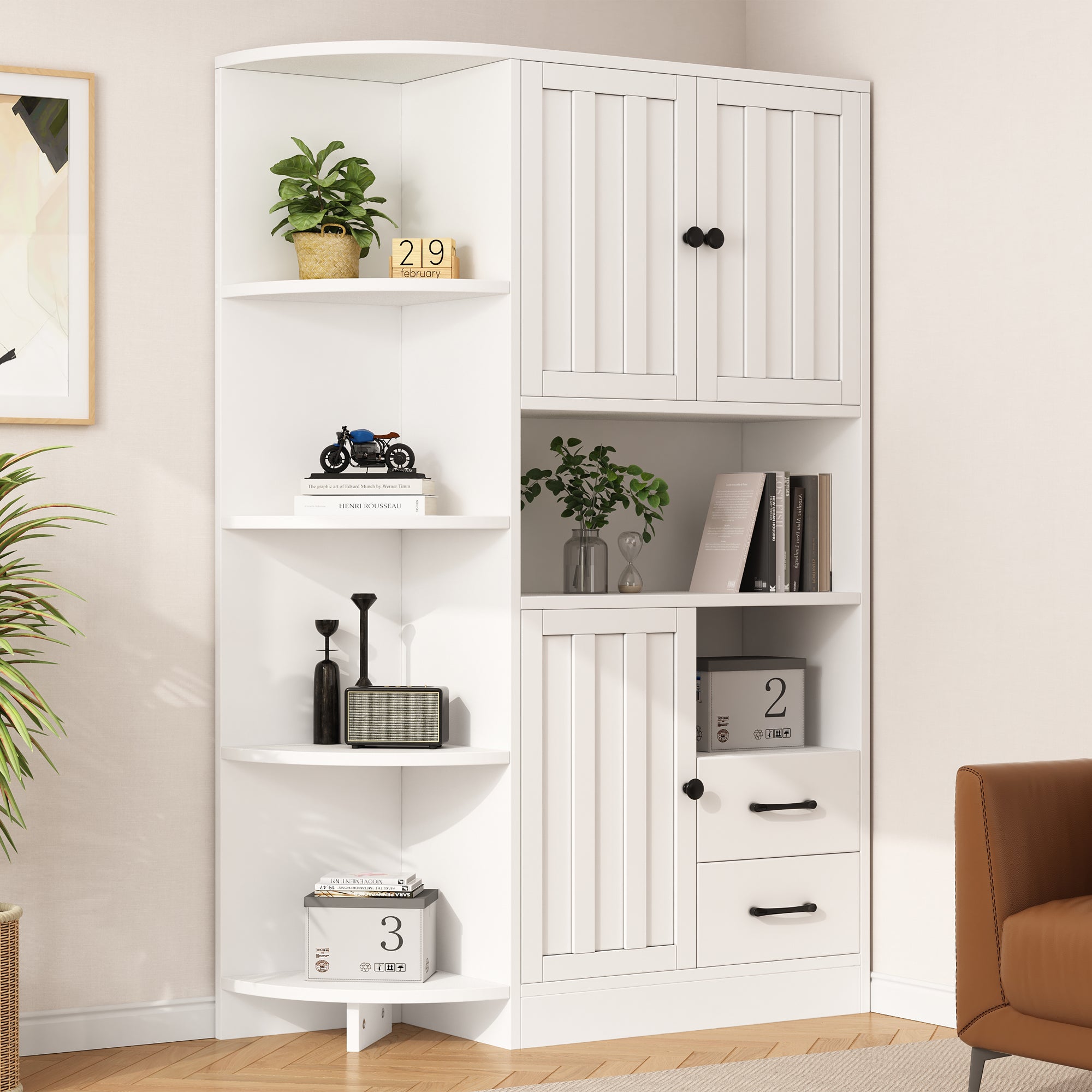 Logidon corner cabinet white 104x35x155 cm display cabinet 3 doors 2 drawers
