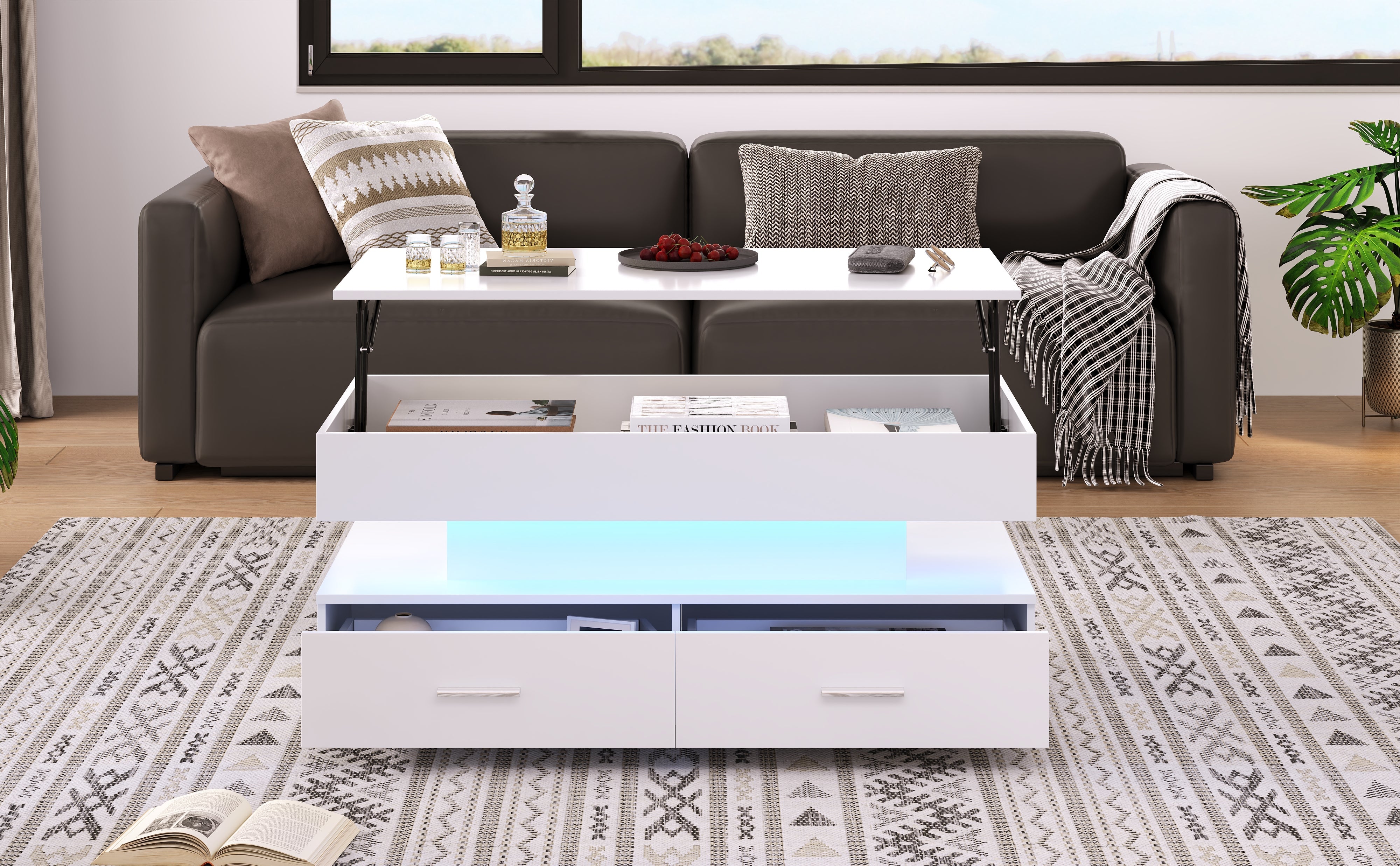 Logidon Hydraulisch in hoogte verstelbare salontafel 100x50x44 cm Wit LED