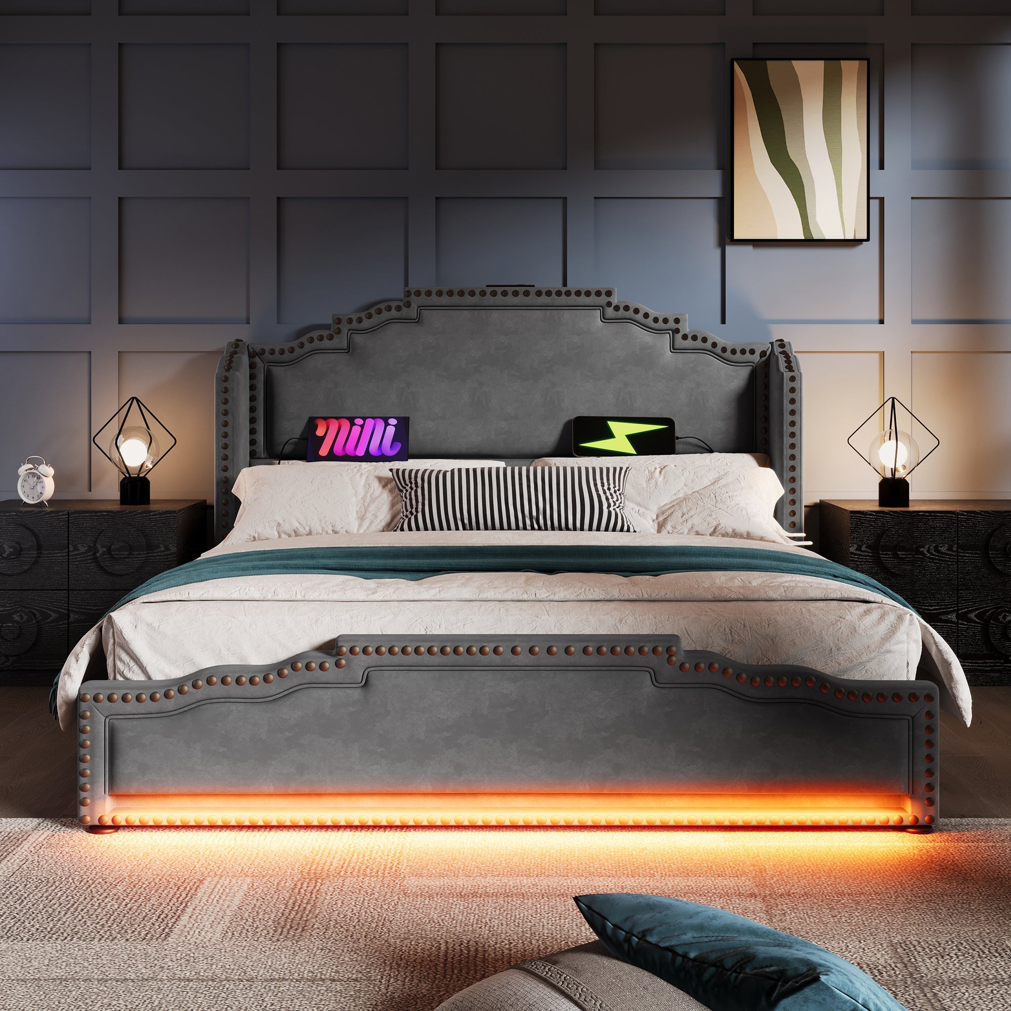 Logidon gestoffeerd bed 140x200 grijs fluweel met 4 lades en USB C