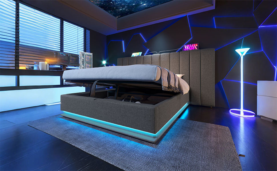 Logidon gestoffeerd bed 160x200 grijs met opbergruimte LED app bediening