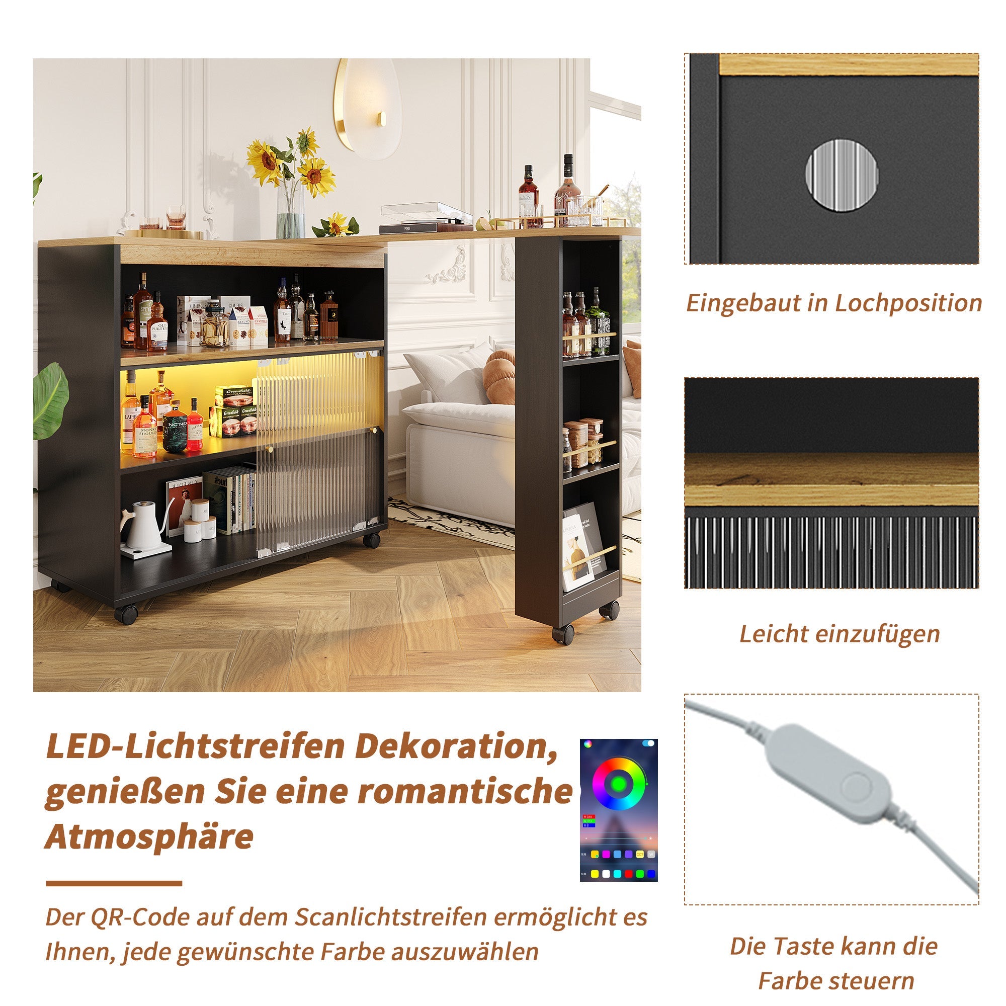 Logidon Uitschuifbare bartafel met opbergruimte en LED 138 tot 204 cm