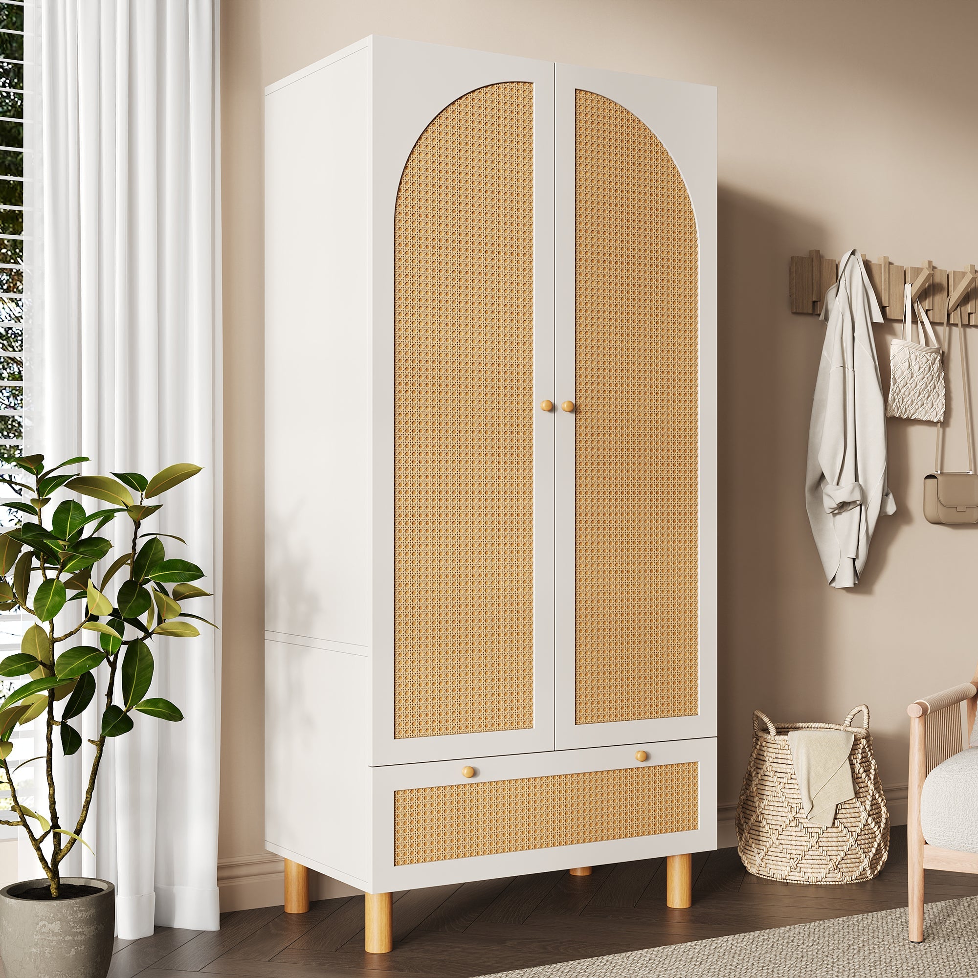 Logidon kledingkast wit met rotan deuren 180x85x52 cm landelijke stijl