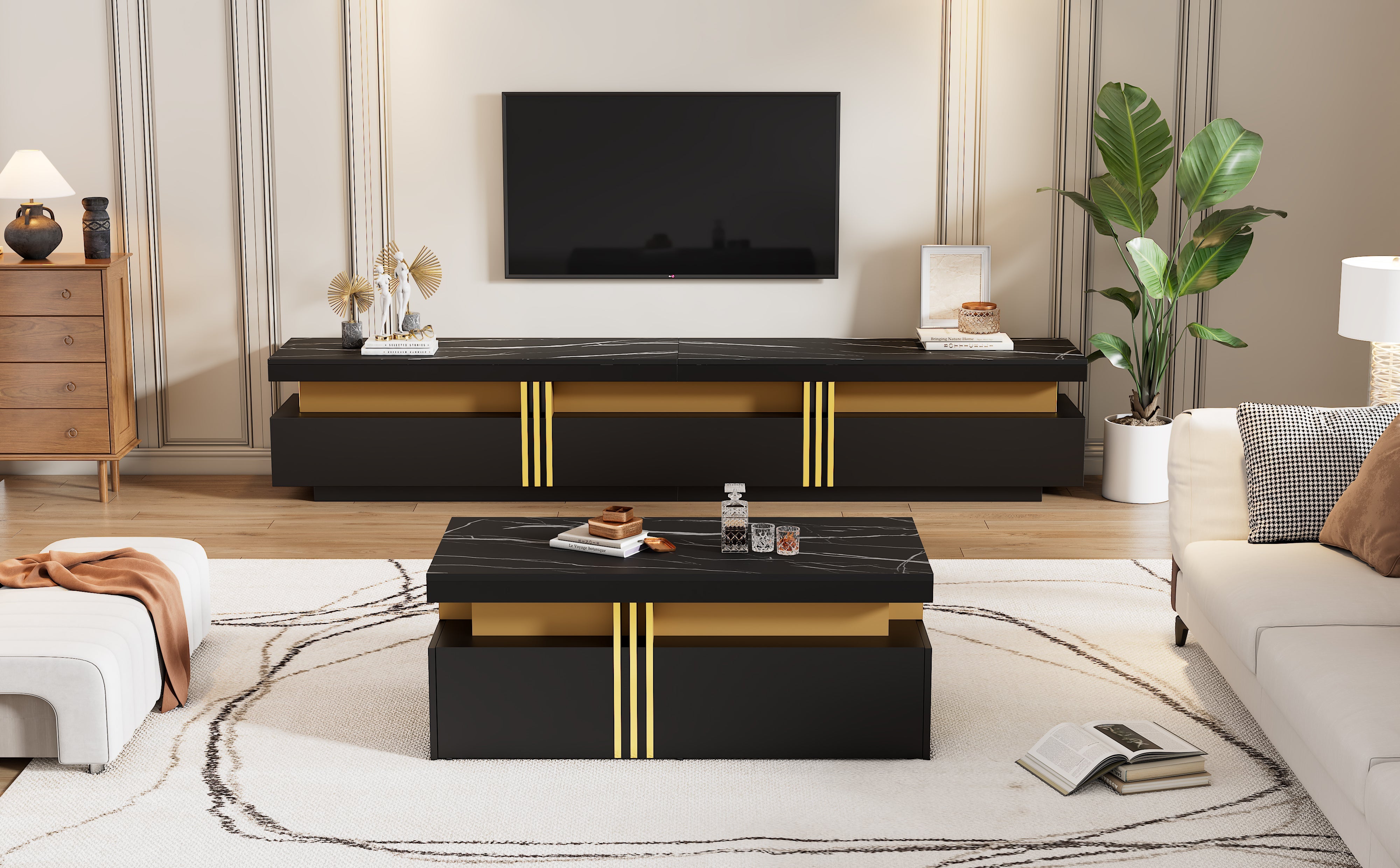 Logidon Zwarte tv-wandmeubelset 2 tv-kast salontafel marmerlook