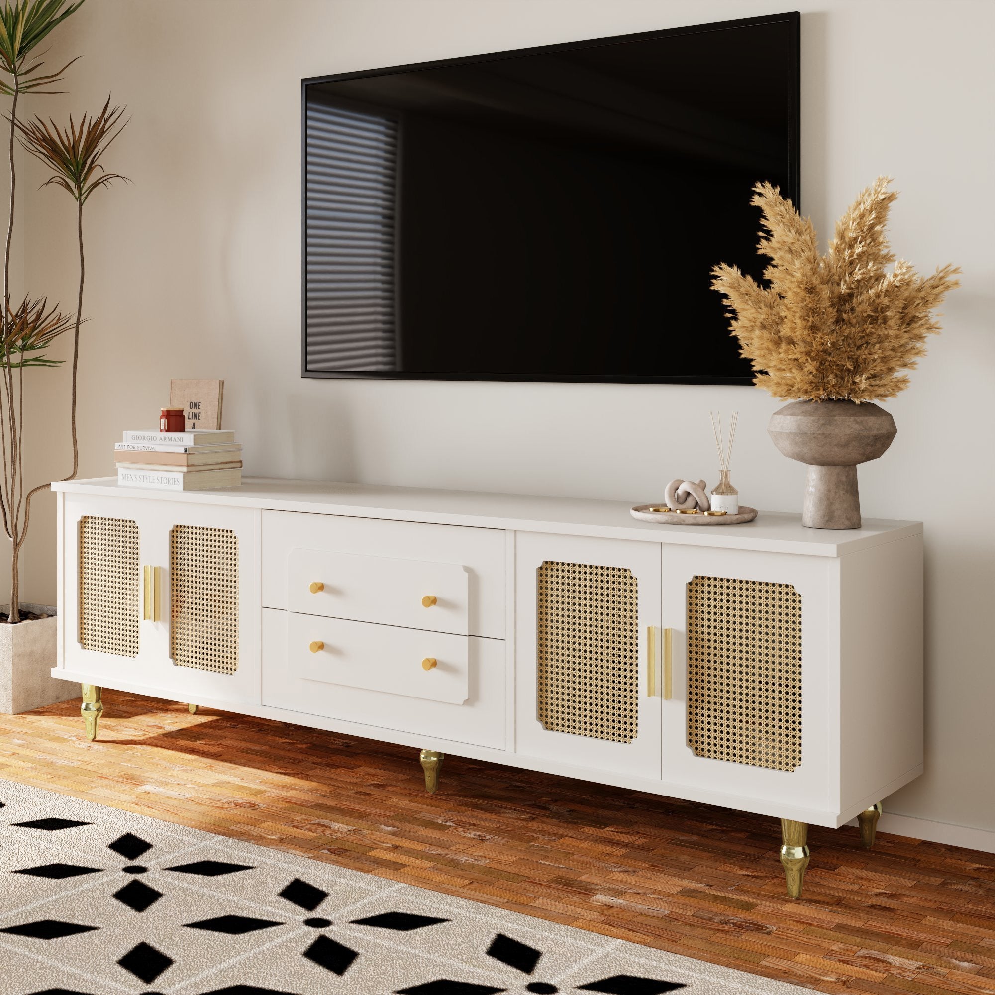 Logidon Lowboard White Retro Style TV Furniture with Golden Handles