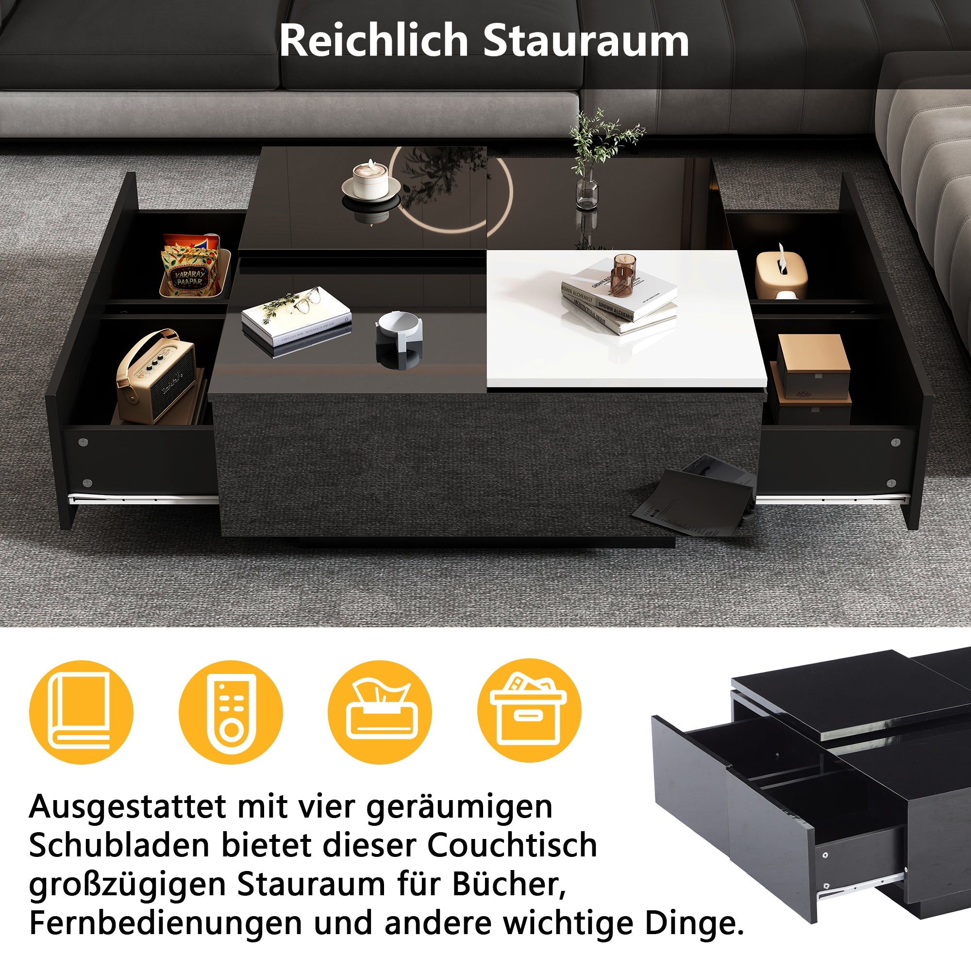 Logidon Hoogglans Salontafel Zwart Wit 75x75 Cm Met 4 Laden