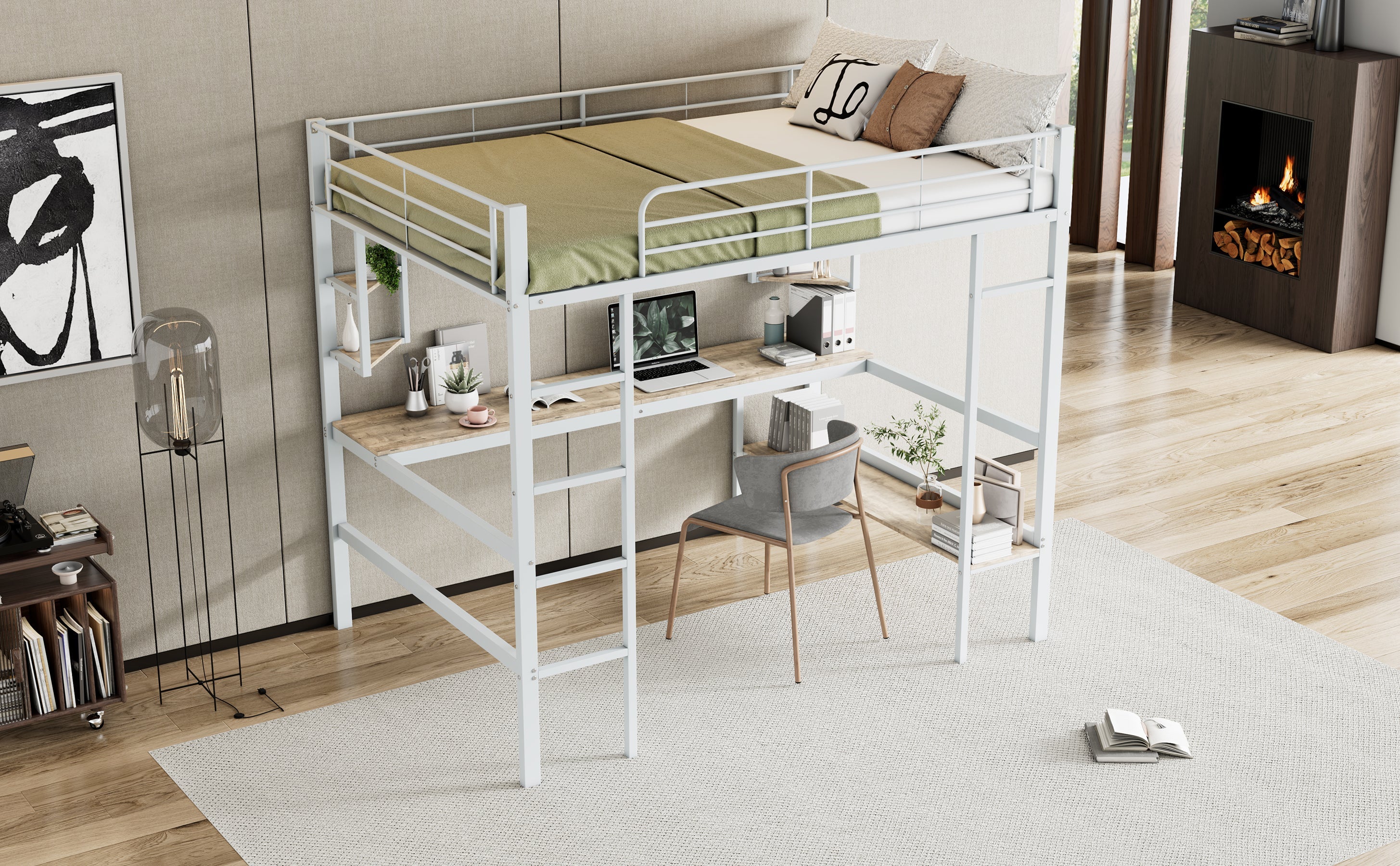Logidon hoogslaper 140x200 cm metalen bed met bureau wit
