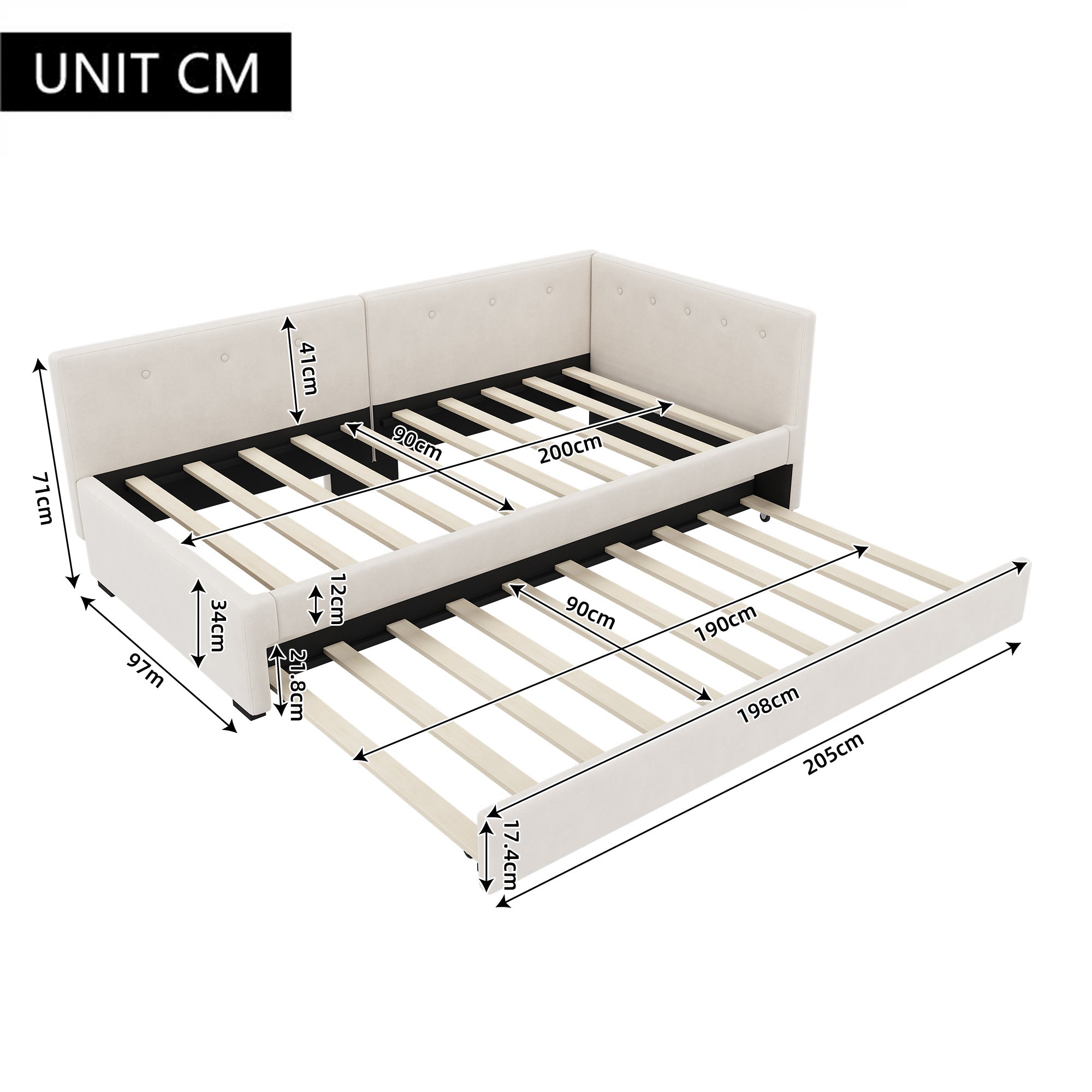 Logidon gestoffeerd bed 90x200 cm beige met lattenbodem en hoofdbord