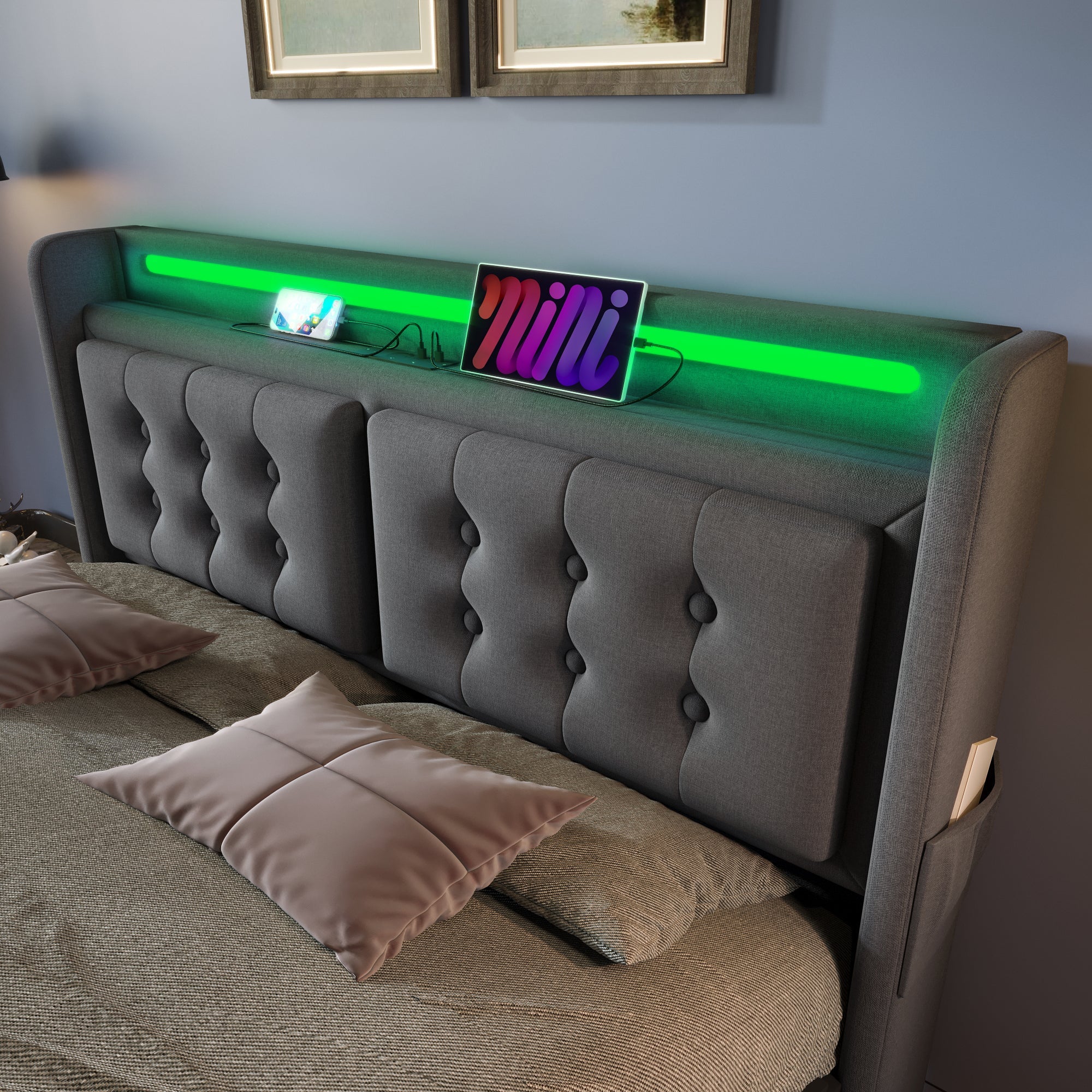 Logidon gestoffeerd bed 140x200 LED-hoofdeinde, USB-C, 4 laden, grijs