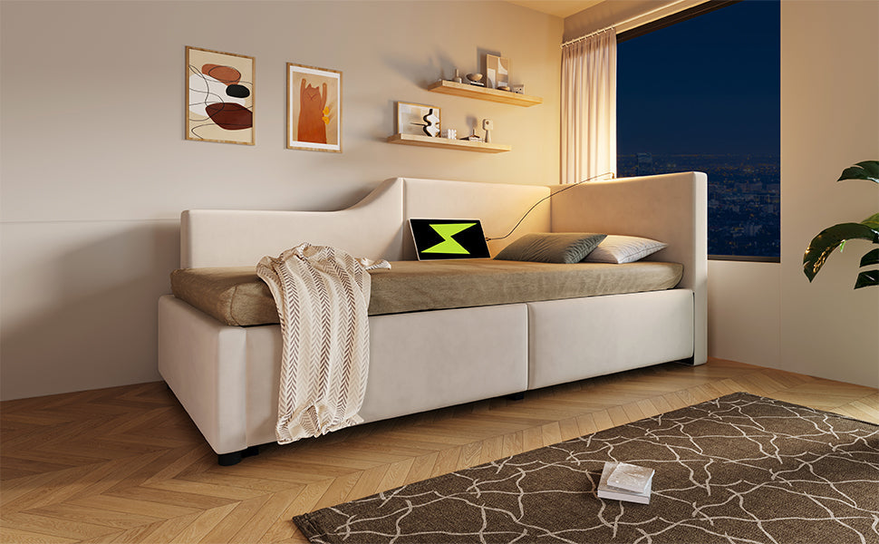 Logidon fluwelen dagbed 90x190 beige met opbergruimte, USB-C, leeslampje