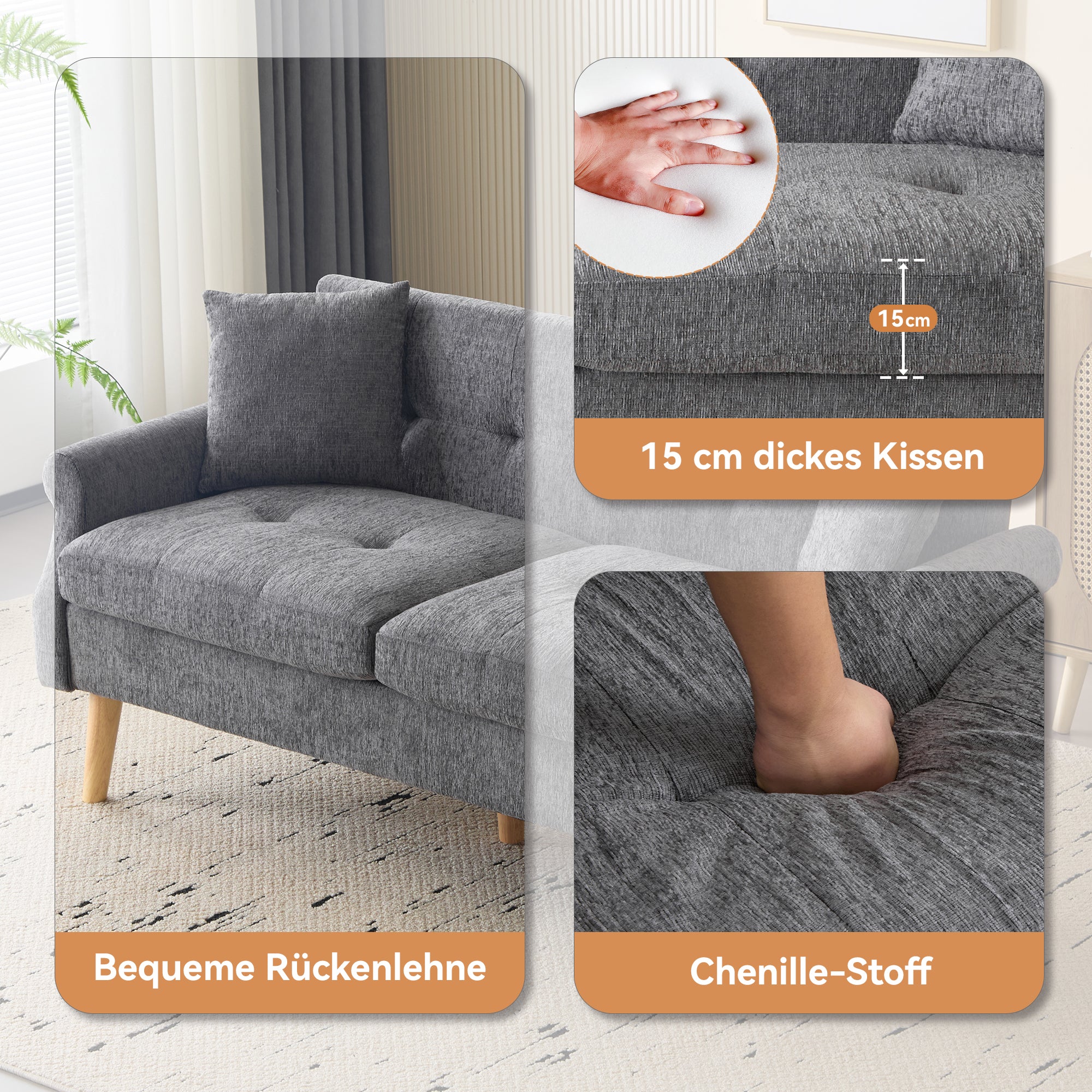 Logidon Modern Design Bank Grijze Chenille Stof 2 Zits 162 cm