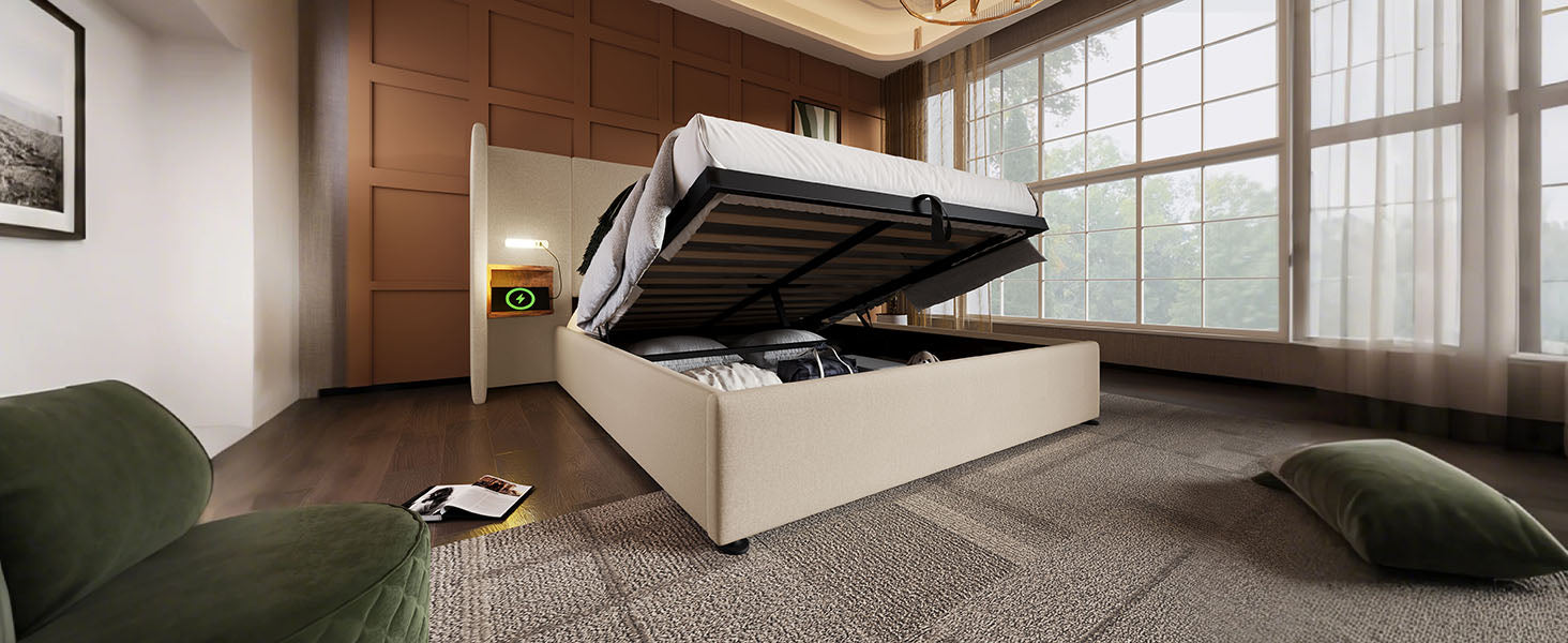 Logidon upholstered bed 160x200 double bed beige linen with storage space