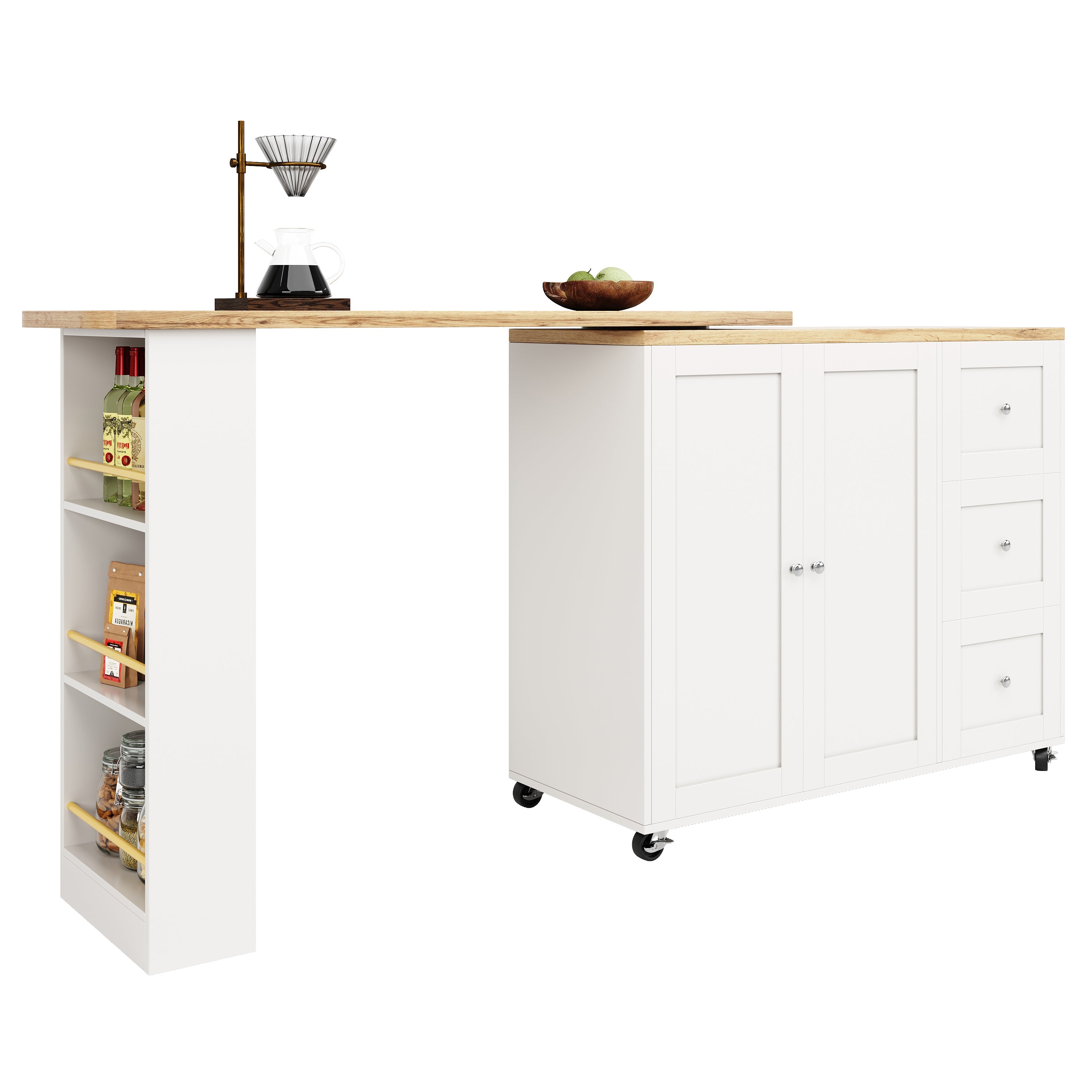 Logidon Swivel Dining Table White with Wheels Three Drawers 138-209 cm