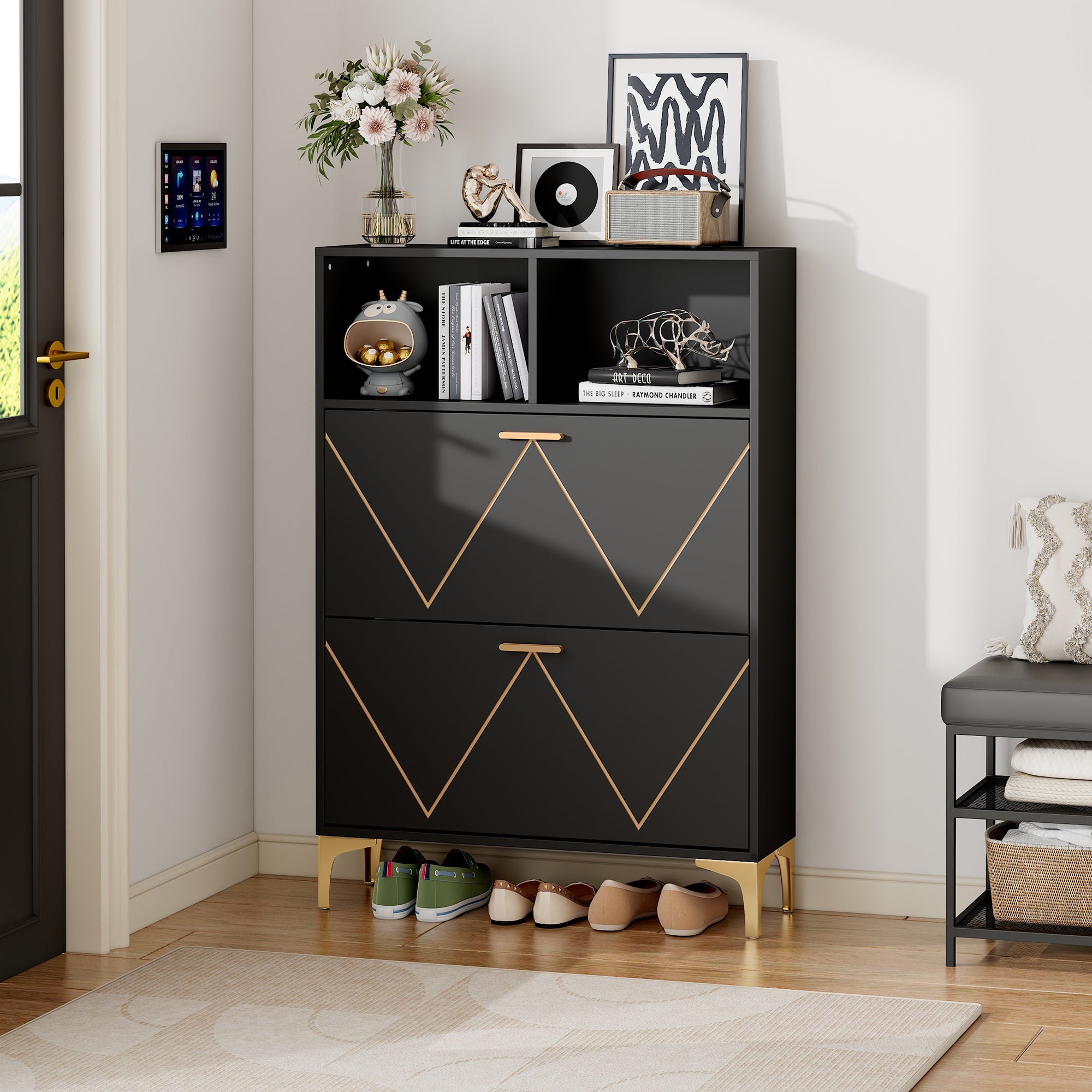 Logidon shoe cabinet 80x25x117 cm black with folding doors and four shoe shelves