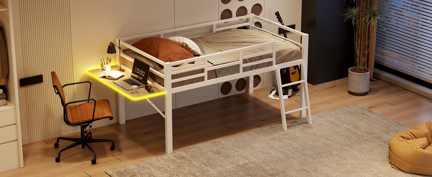 Logidon flat bed 90 x 200 cm metal bed white with railing ladder LED