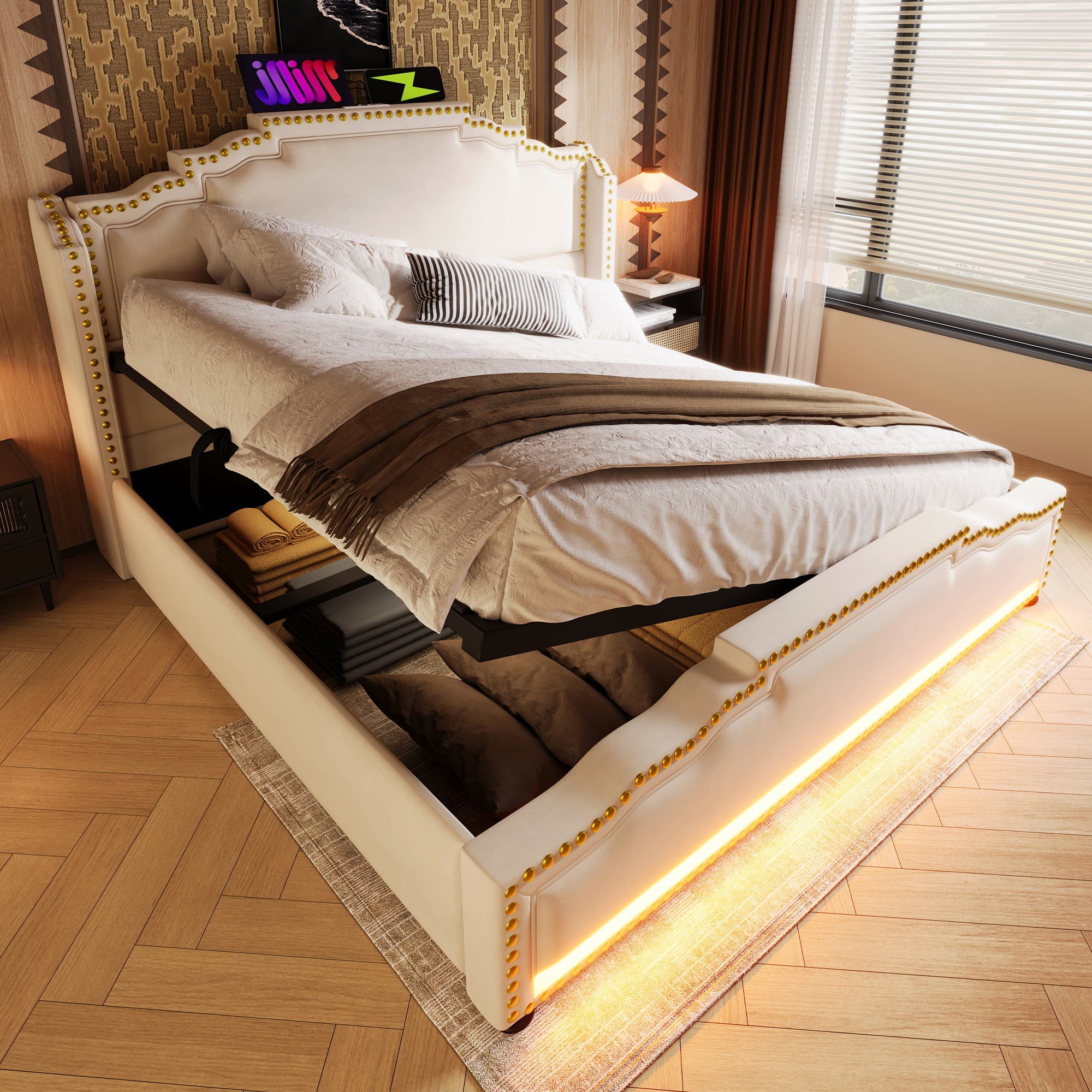 Logidon gestoffeerd bed 160x200 beige fluweel met opbergruimte LED USB C