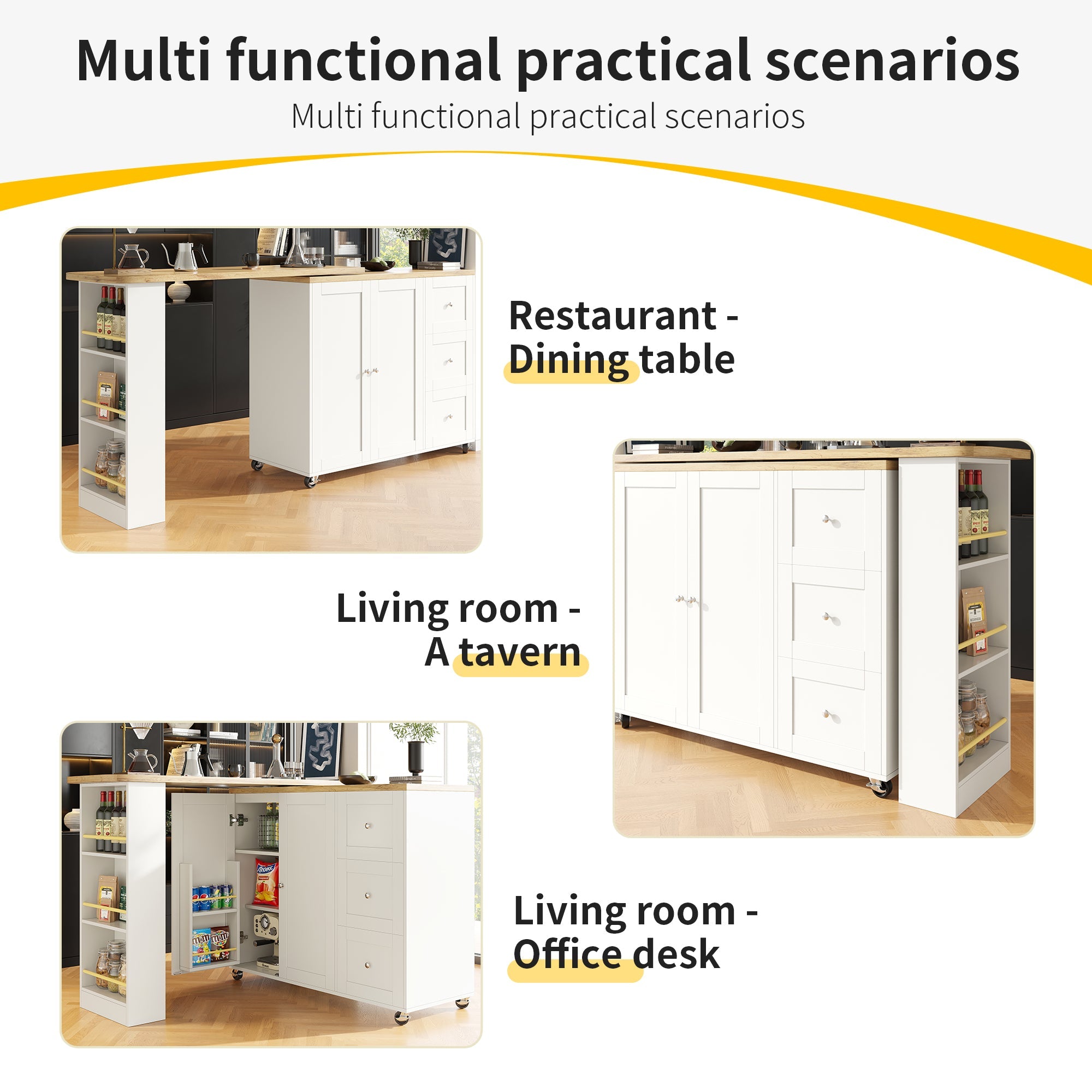 Logidon Swivel Dining Table White with Wheels Three Drawers 138-209 cm