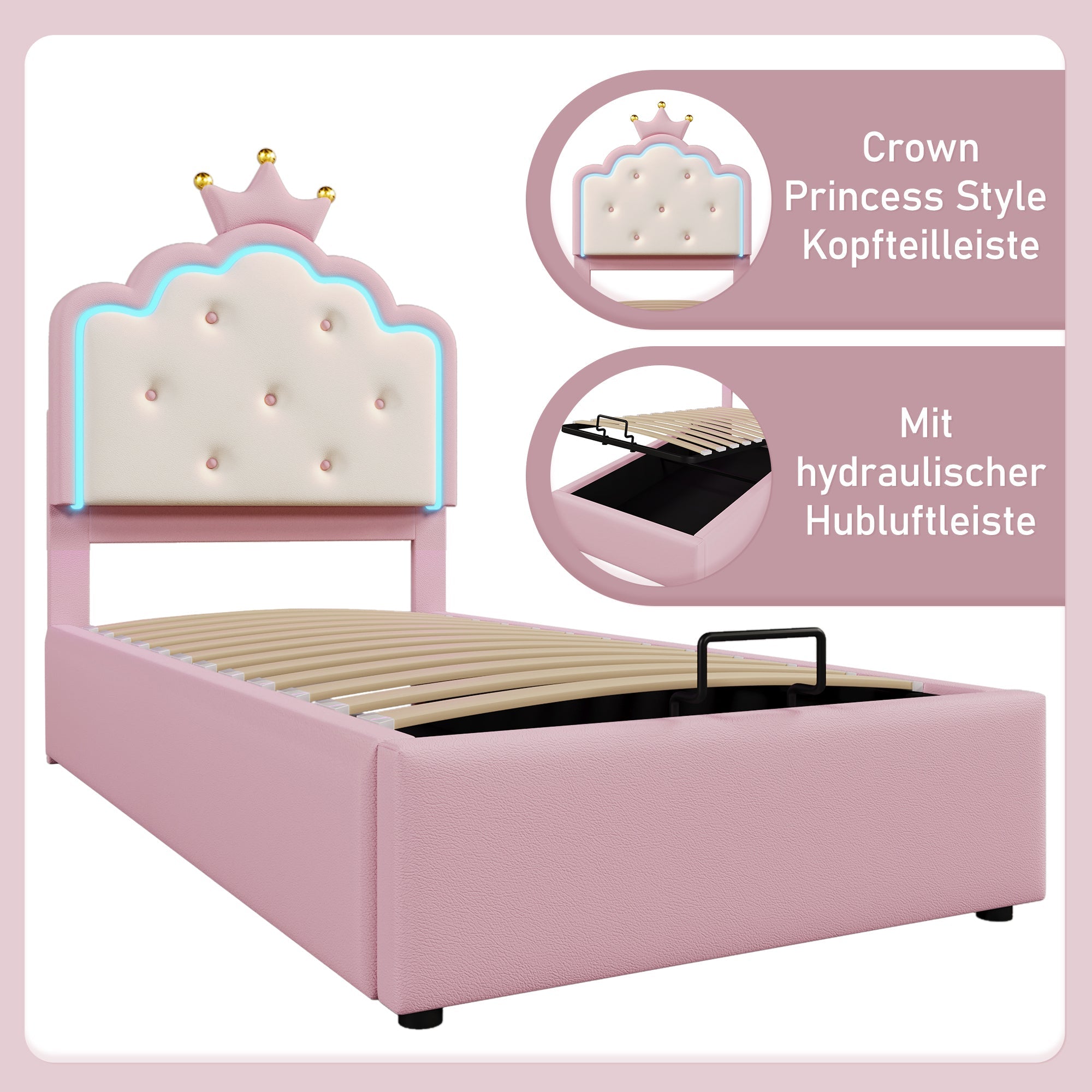Logidon gestoffeerd bed 90x200 roze met sfeerlicht en opbergruimte