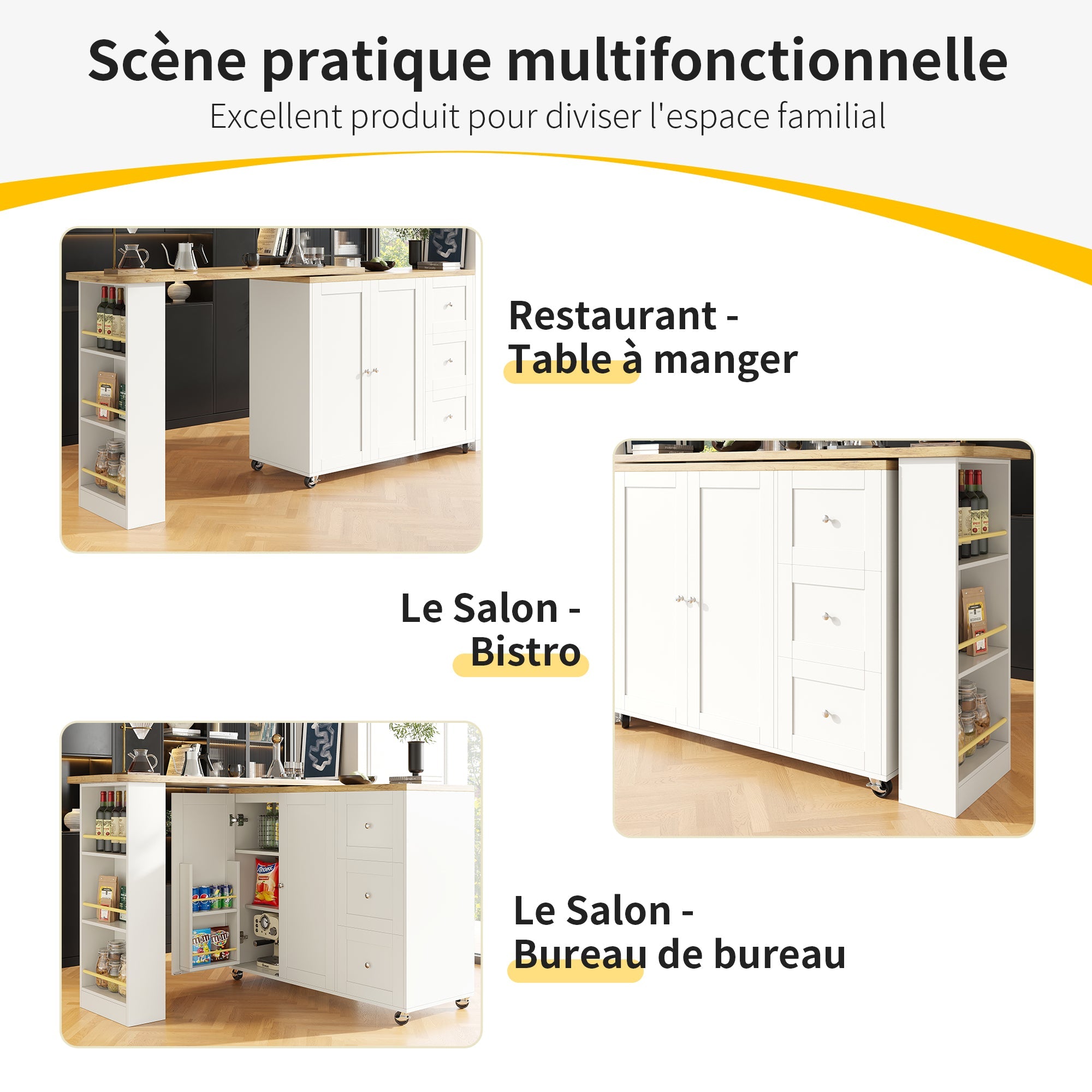 Logidon Swivel Dining Table White with Wheels Three Drawers 138-209 cm