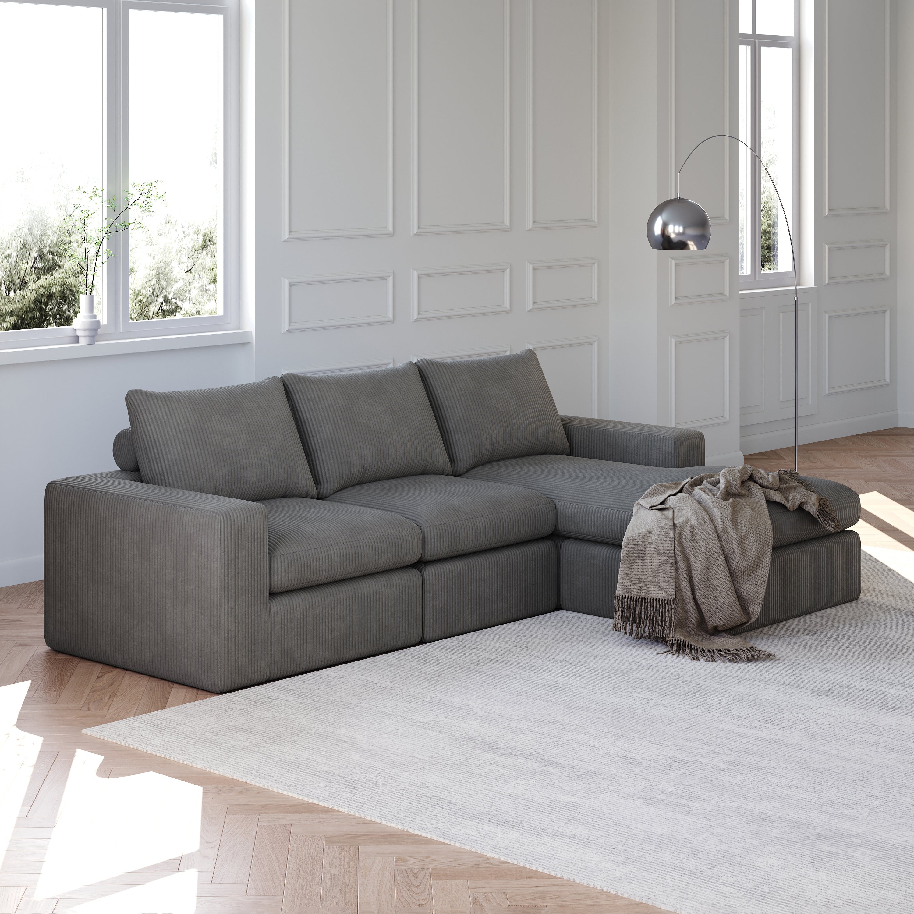 Logidon Gray Cord Sofa With Chaise Longue L Shape Three Cushions