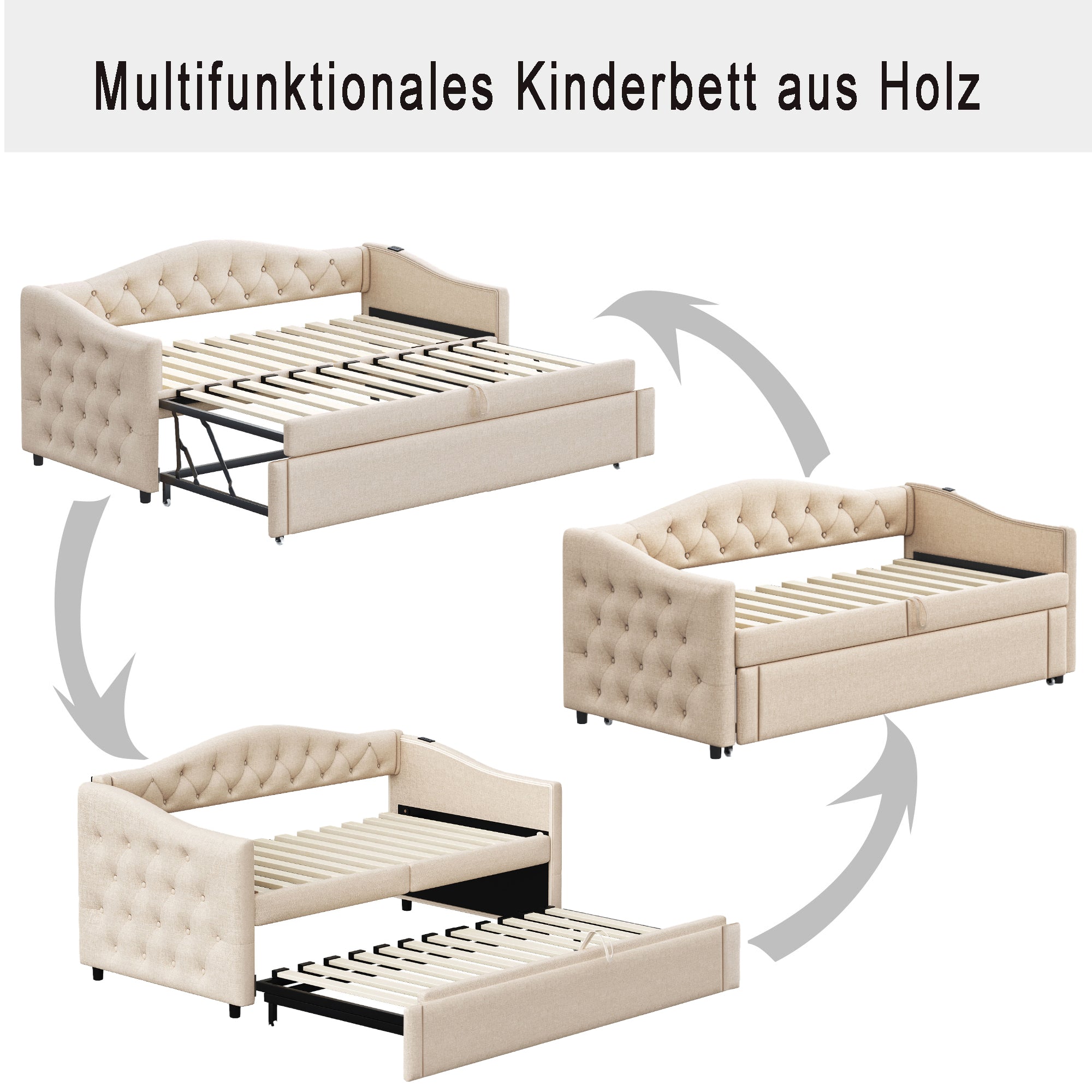 Logidon uitschuifbare slaapbank 90x200 beige met USB-poort