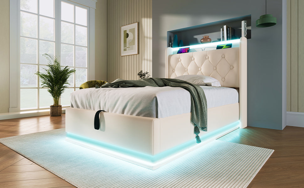 Logidon gestoffeerd bed eenpersoons 90x200 cm wit PU 360 SurroundLED USB C oplaadfunctie