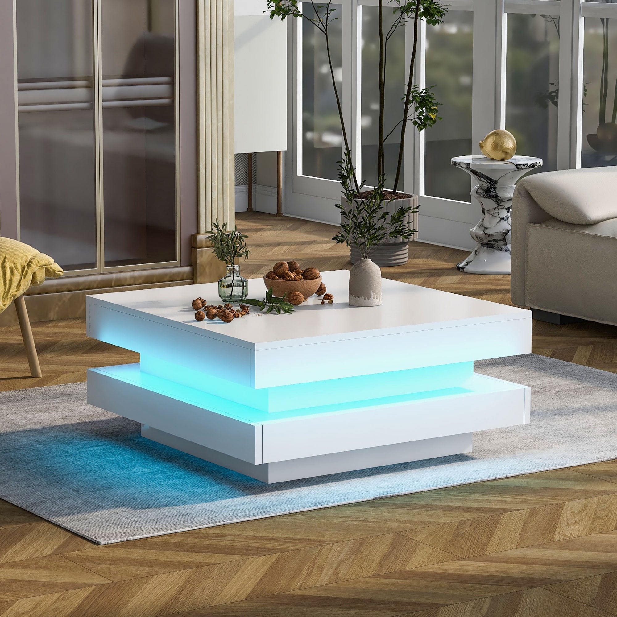 Logidon witte hoogglans salontafel 70x70x36 cm met draaiplaat en 16-kleuren LED